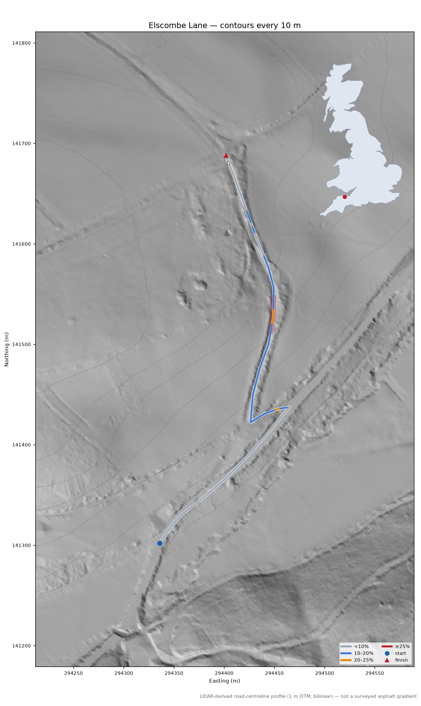 Elscombe Lane LiDAR hillshade map with contours