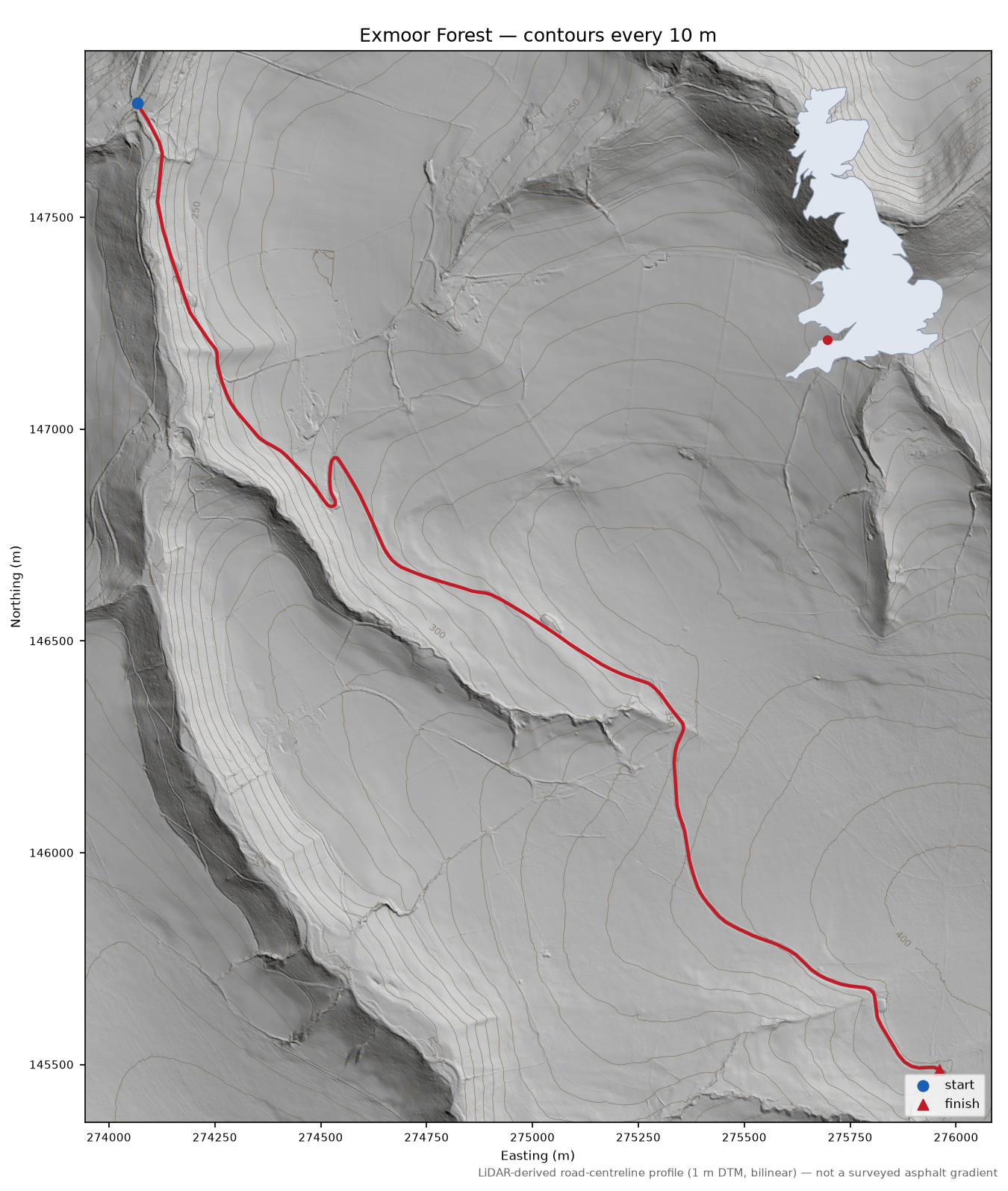 Exmoor Forest LiDAR hillshade map with contours