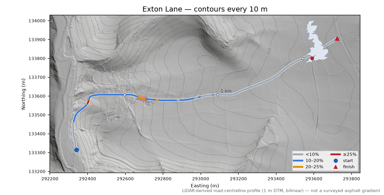 Exton Lane LiDAR hillshade map with contours