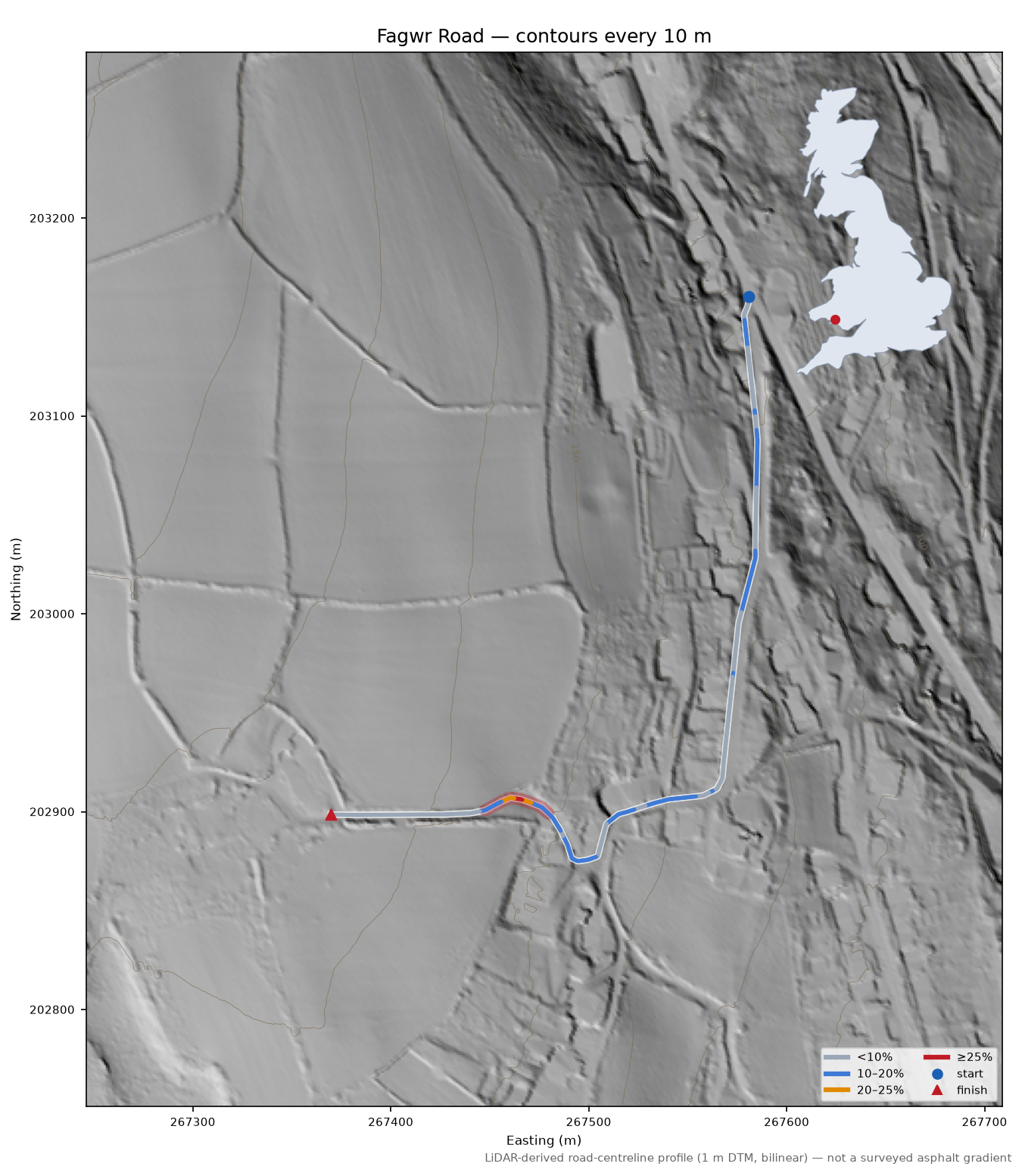 Fagwr Road LiDAR hillshade map with contours