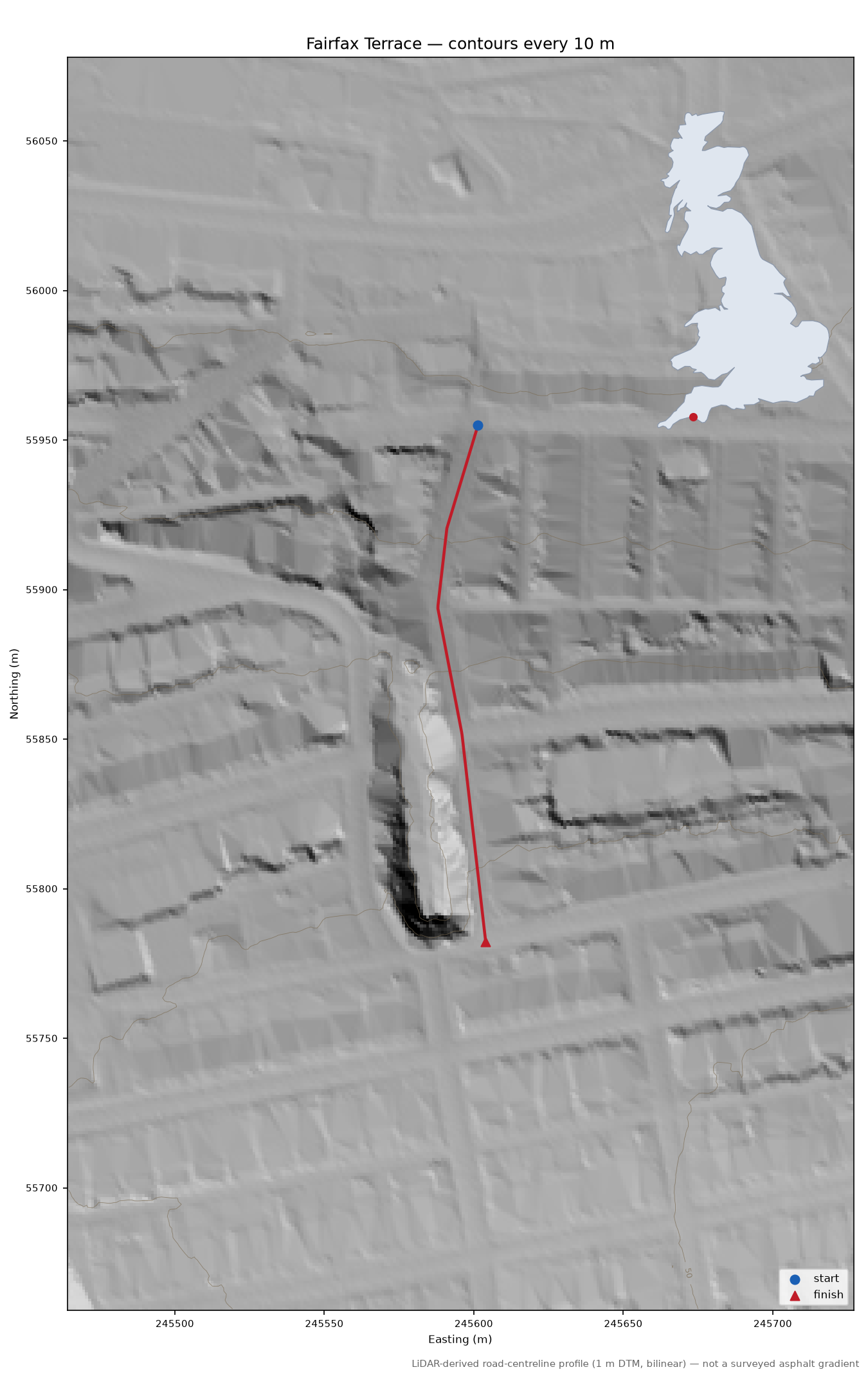 Fairfax Terrace LiDAR hillshade map with contours