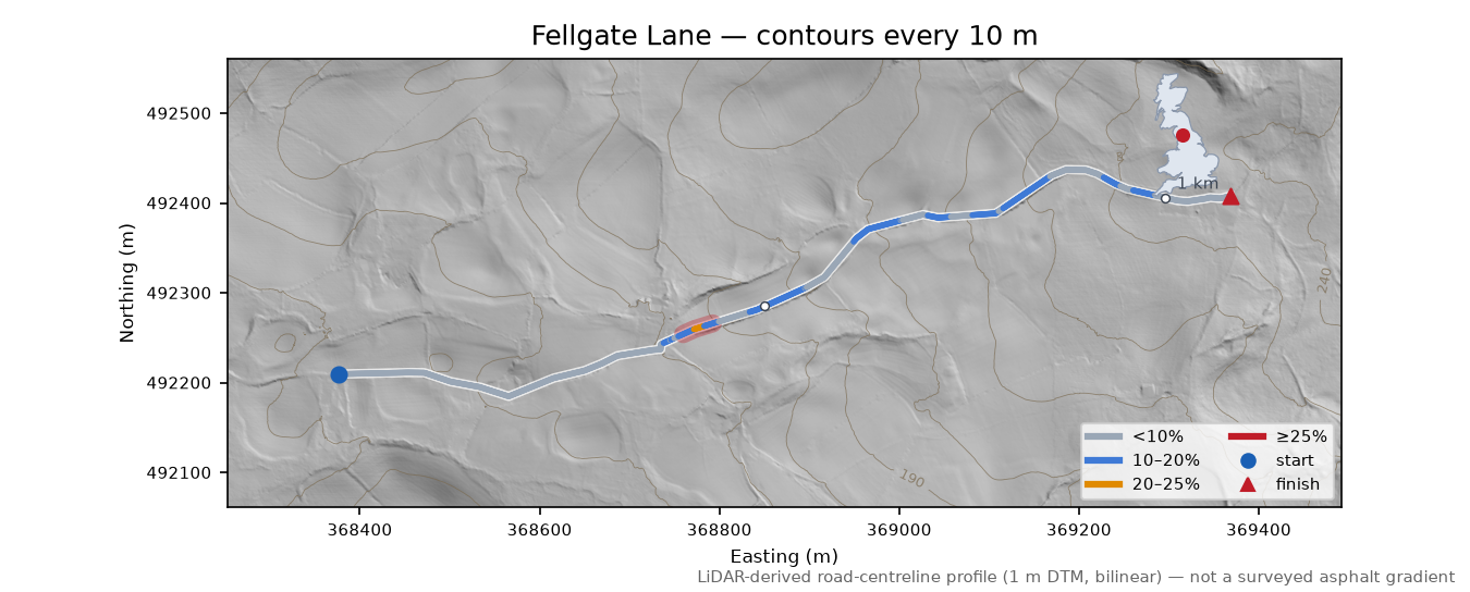 Fellgate Lane LiDAR hillshade map with contours