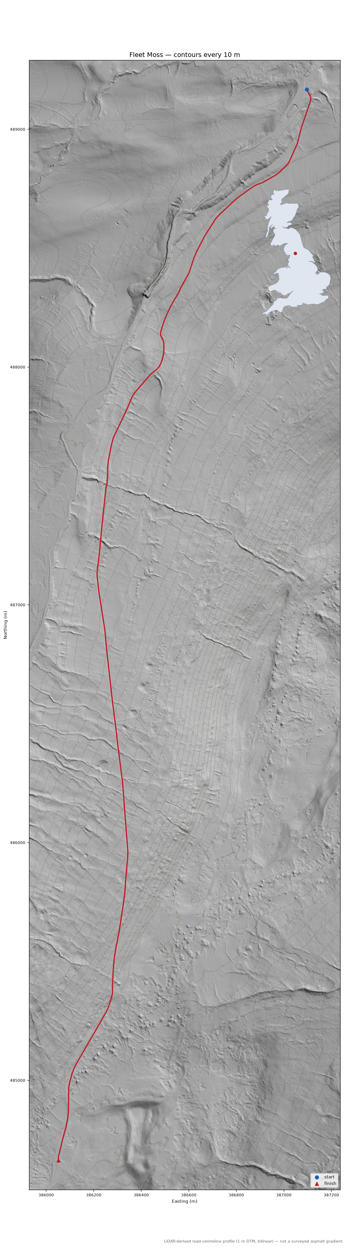 Fleet Moss LiDAR hillshade map with contours