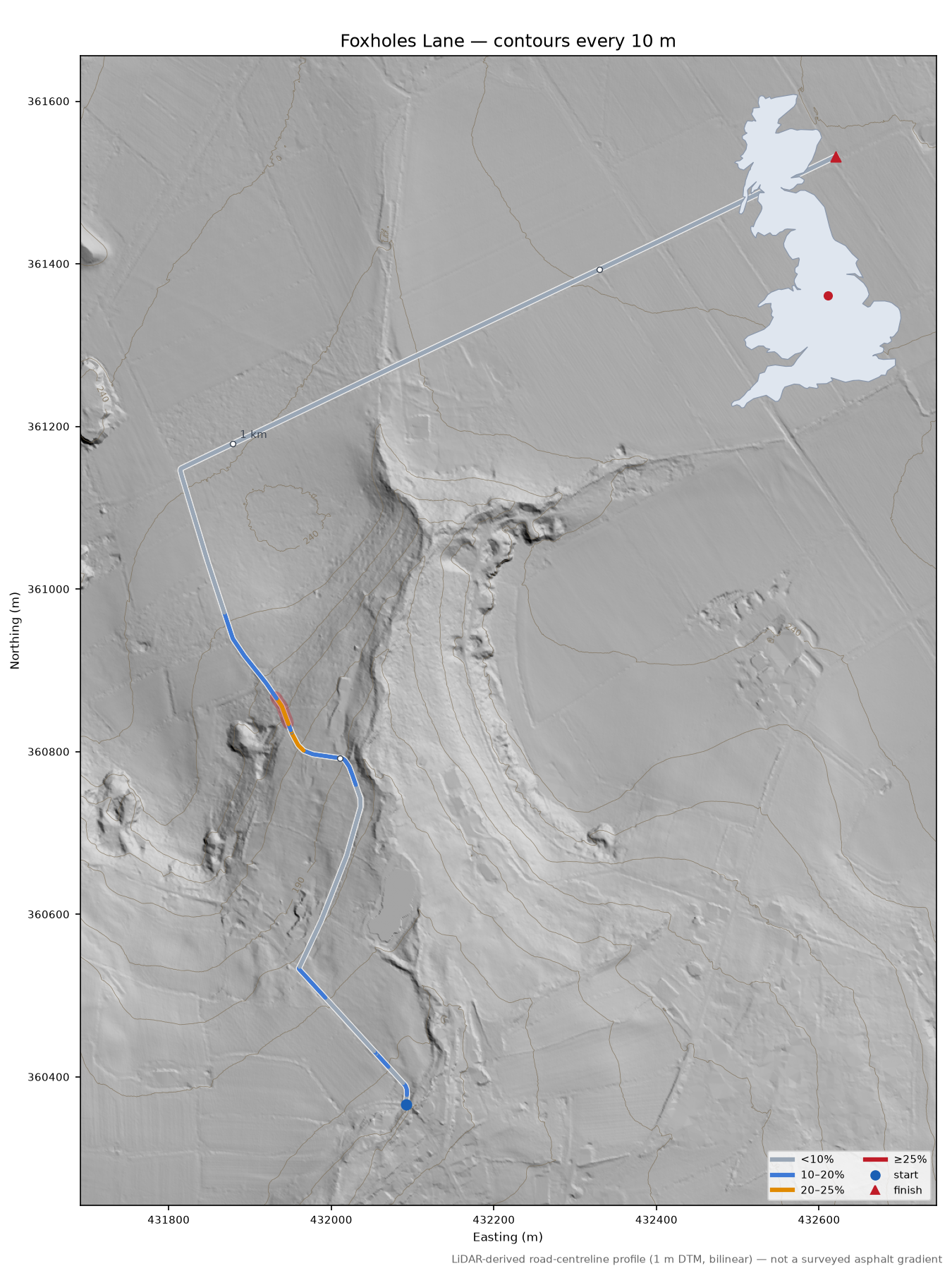 Foxholes Lane LiDAR hillshade map with contours