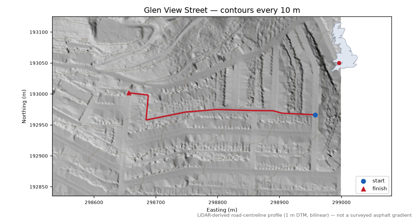Glen View Street LiDAR hillshade map with contours