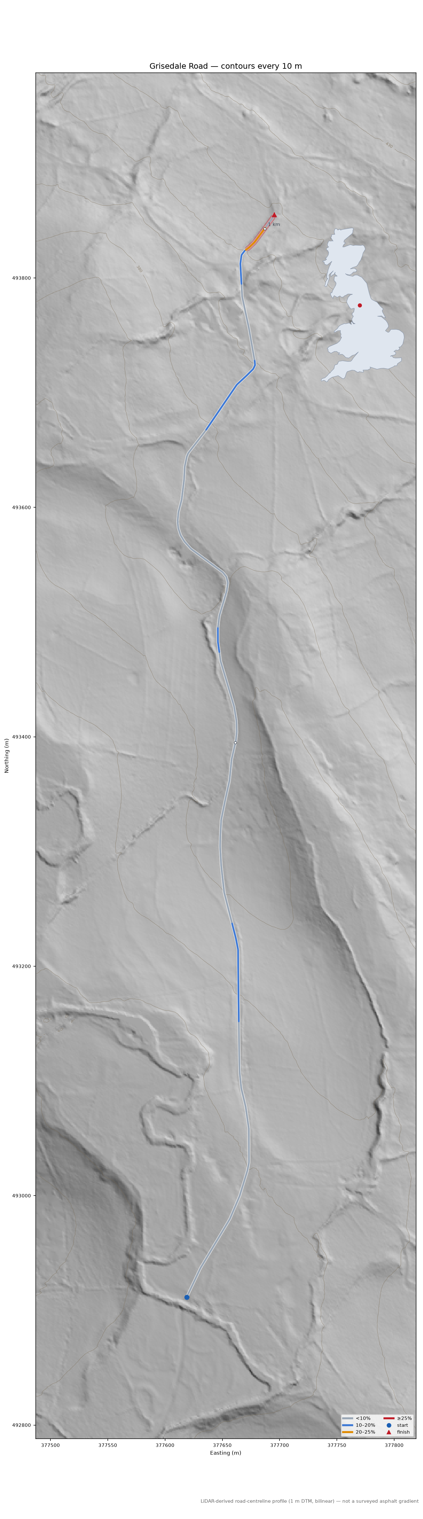 Grisedale Road LiDAR hillshade map with contours