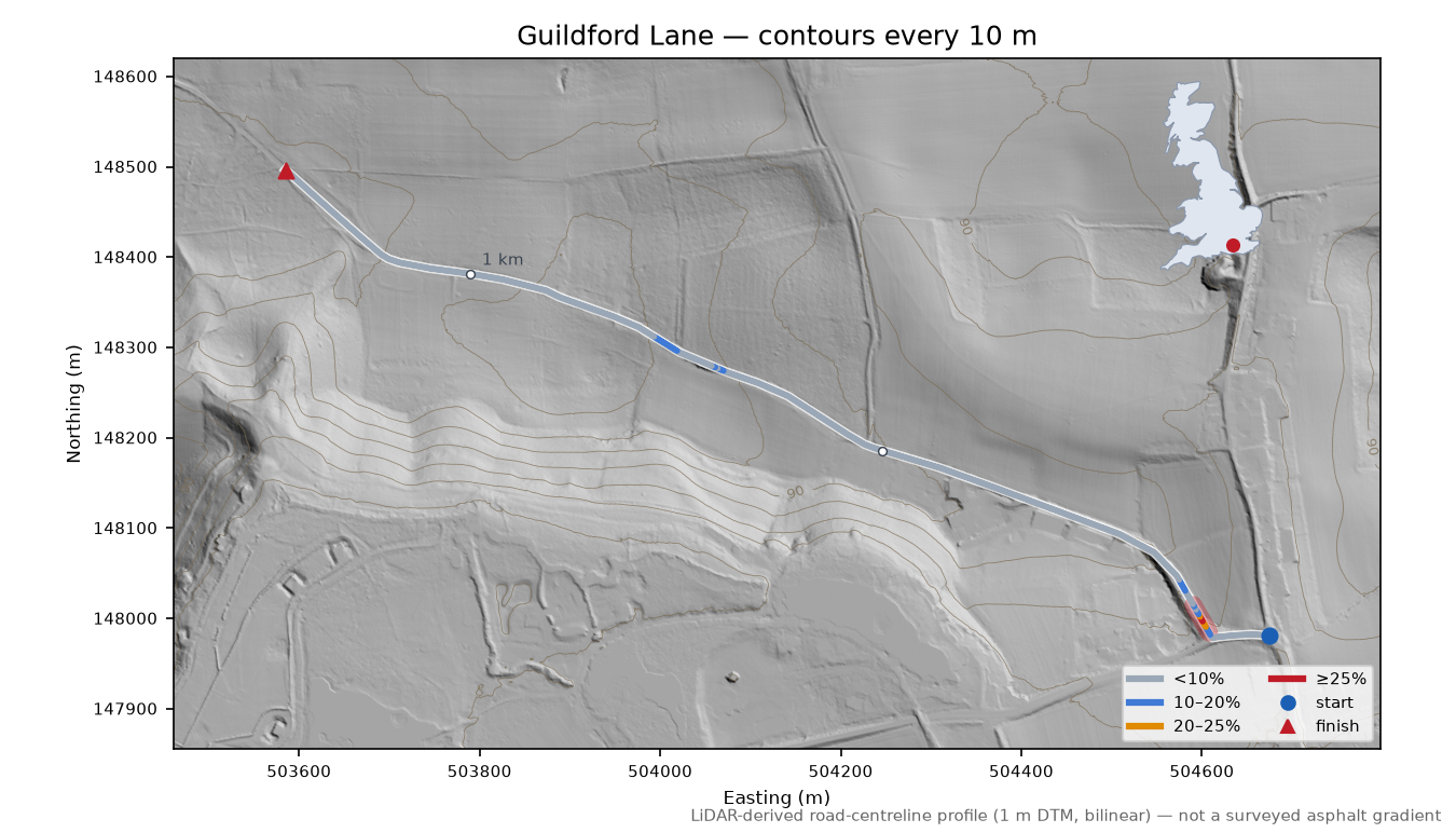 Guildford Lane LiDAR hillshade map with contours