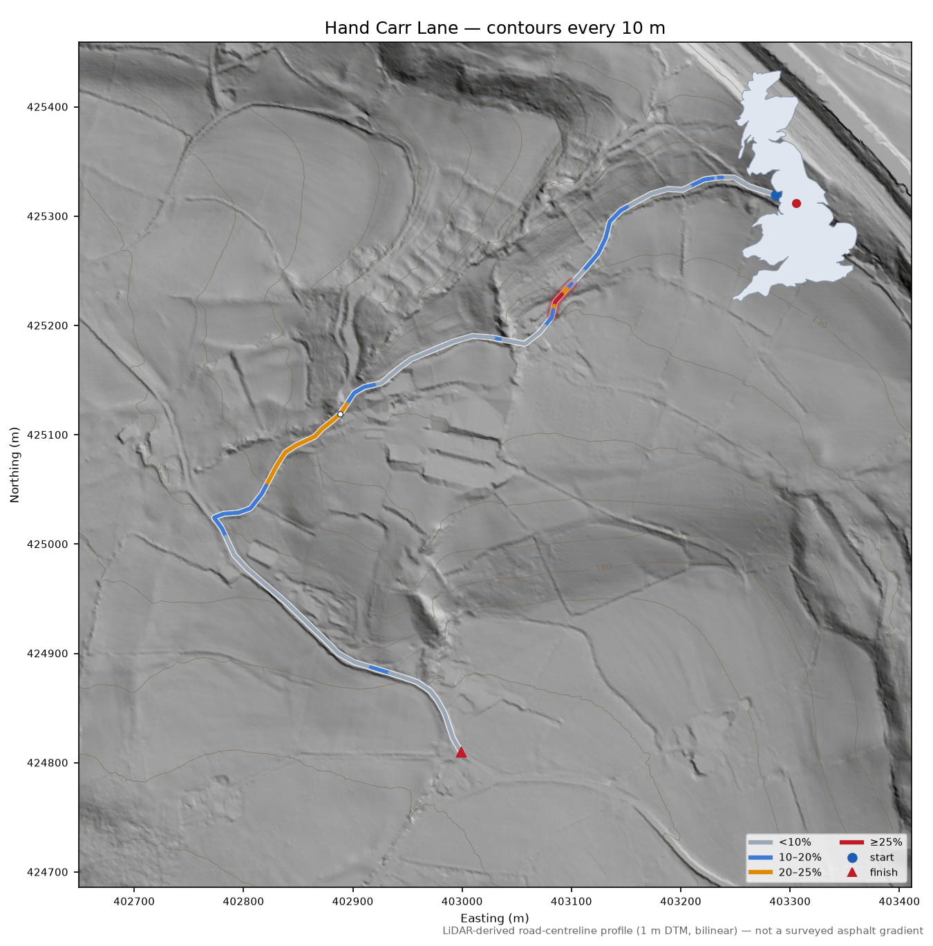 Hand Carr Lane LiDAR hillshade map with contours