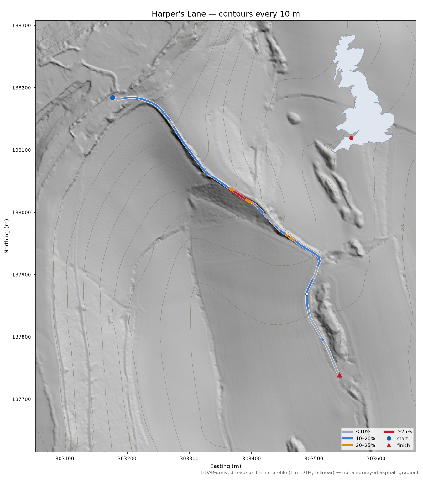 Harper's Lane LiDAR hillshade map with contours