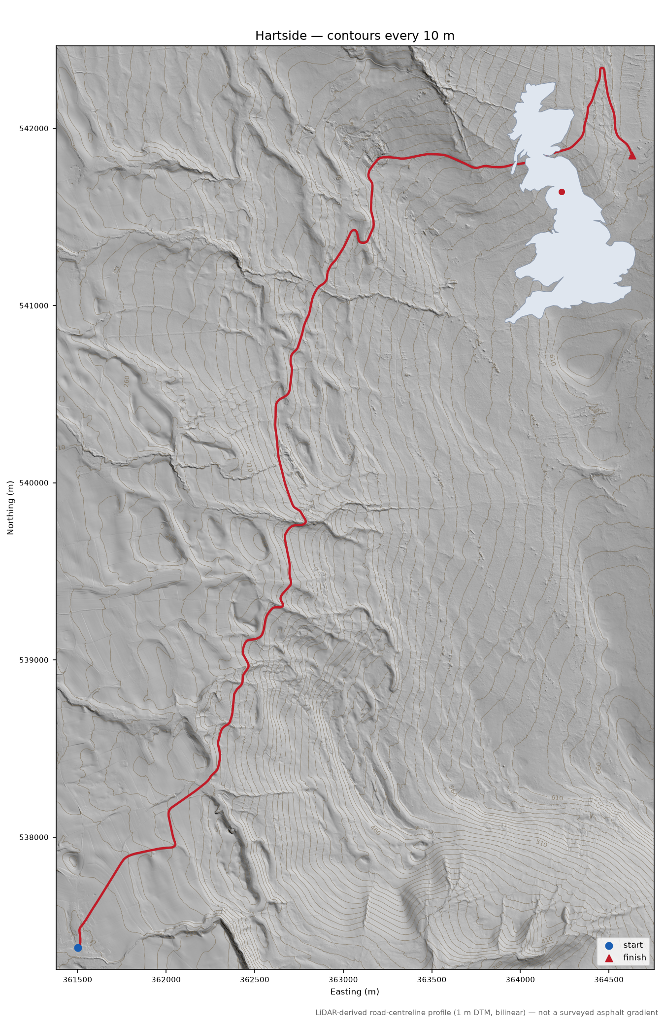 Hartside LiDAR hillshade map with contours