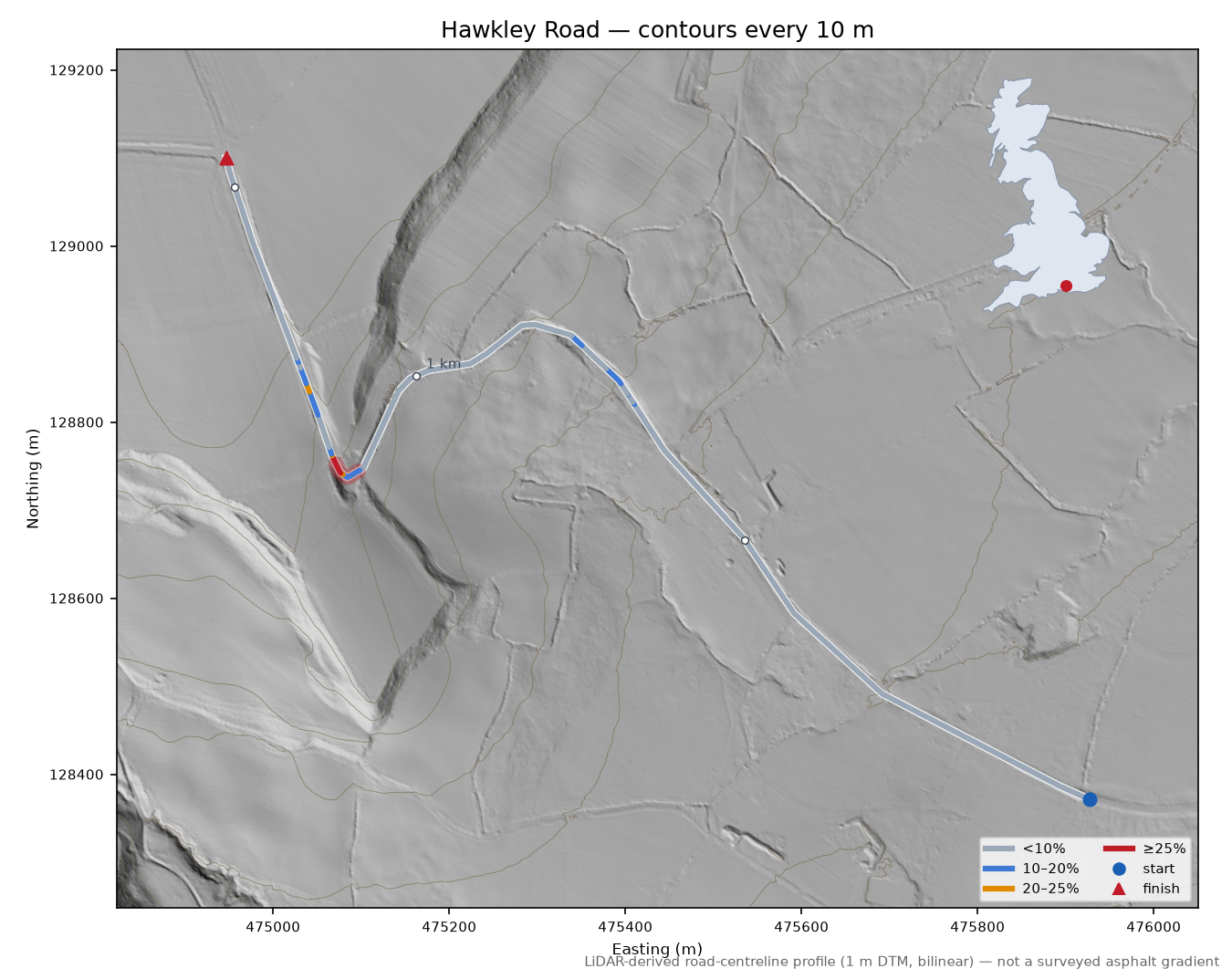 Hawkley Road LiDAR hillshade map with contours