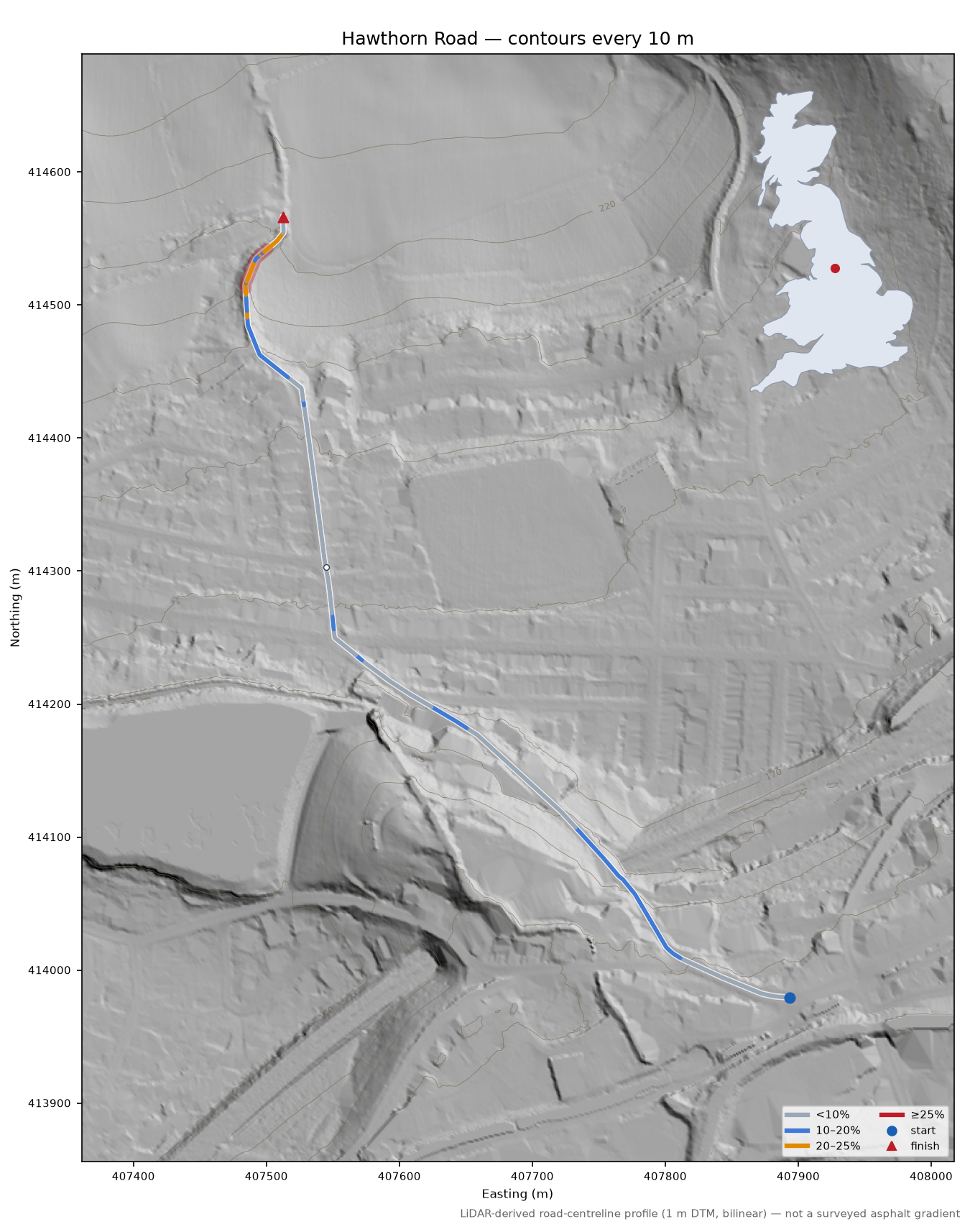 Hawthorn Road LiDAR hillshade map with contours