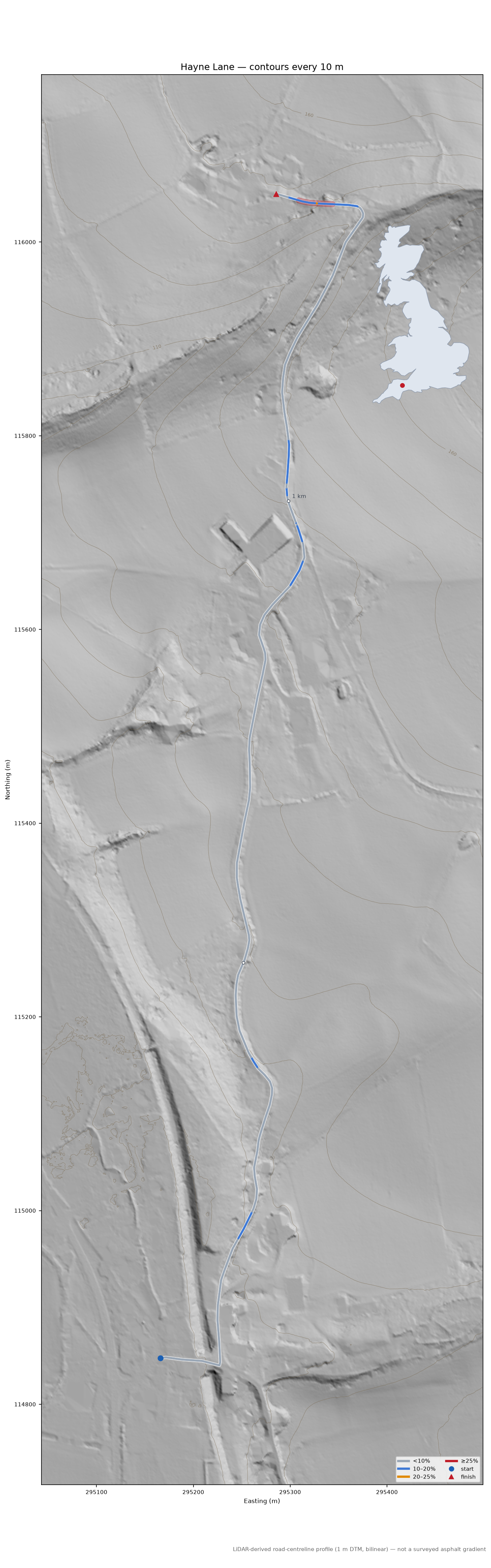 Hayne Lane LiDAR hillshade map with contours