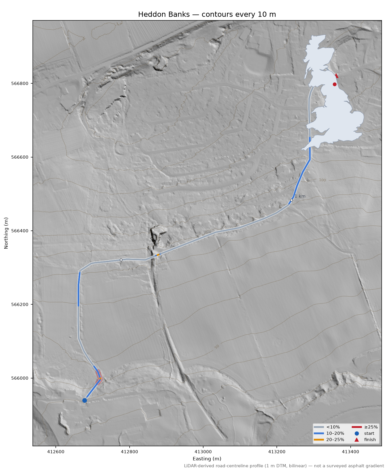Heddon Banks LiDAR hillshade map with contours