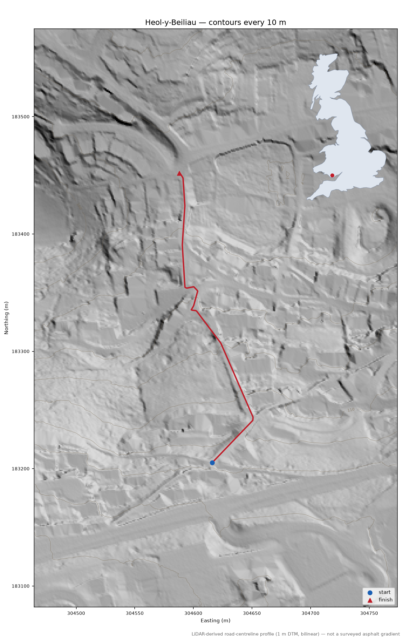 Heol-y-Beiliau LiDAR hillshade map with contours