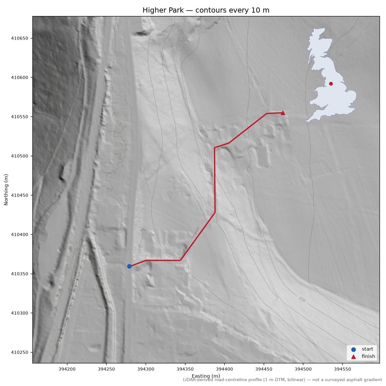 Higher Park LiDAR hillshade map with contours
