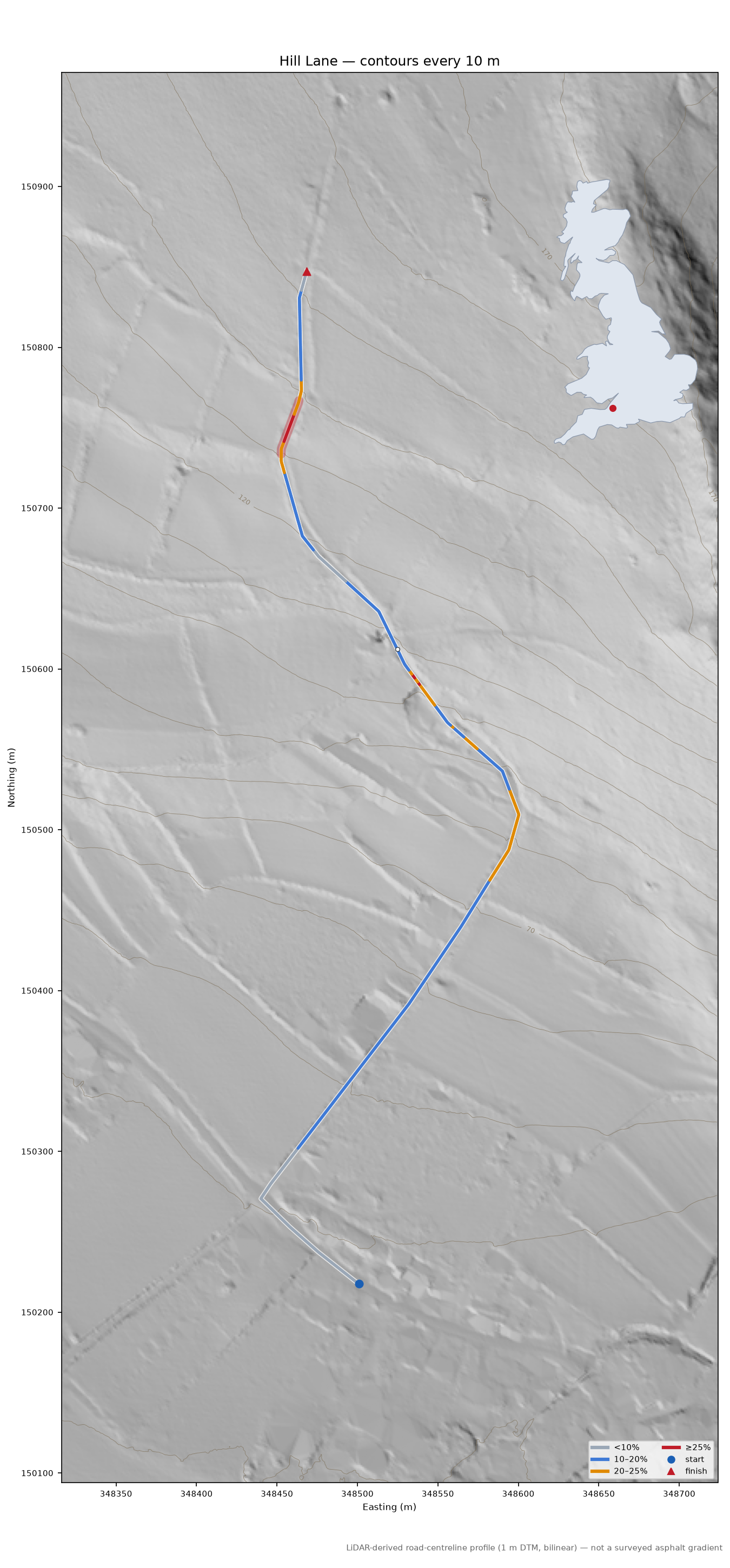 Hill Lane LiDAR hillshade map with contours