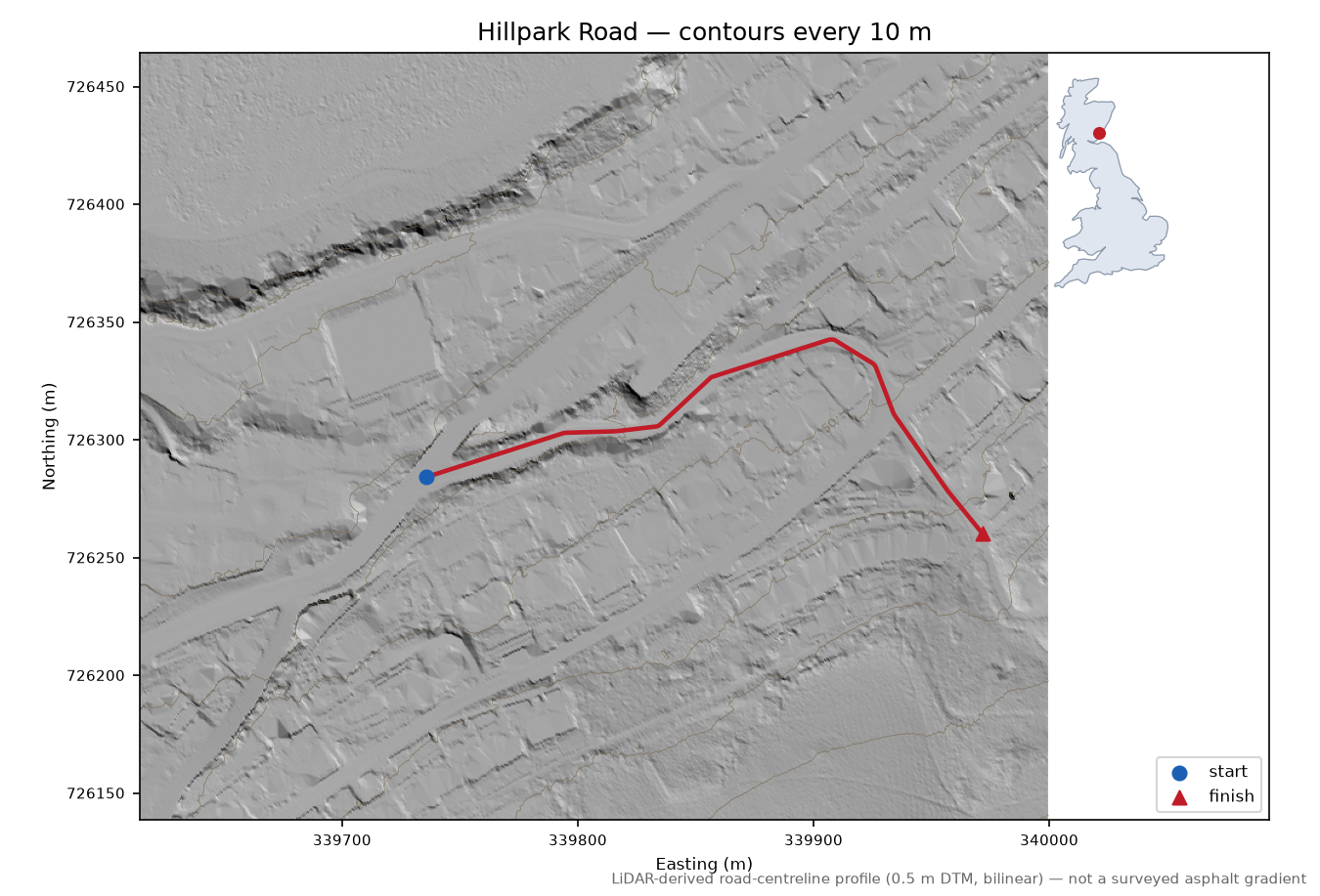 Hillpark Road LiDAR hillshade map with contours