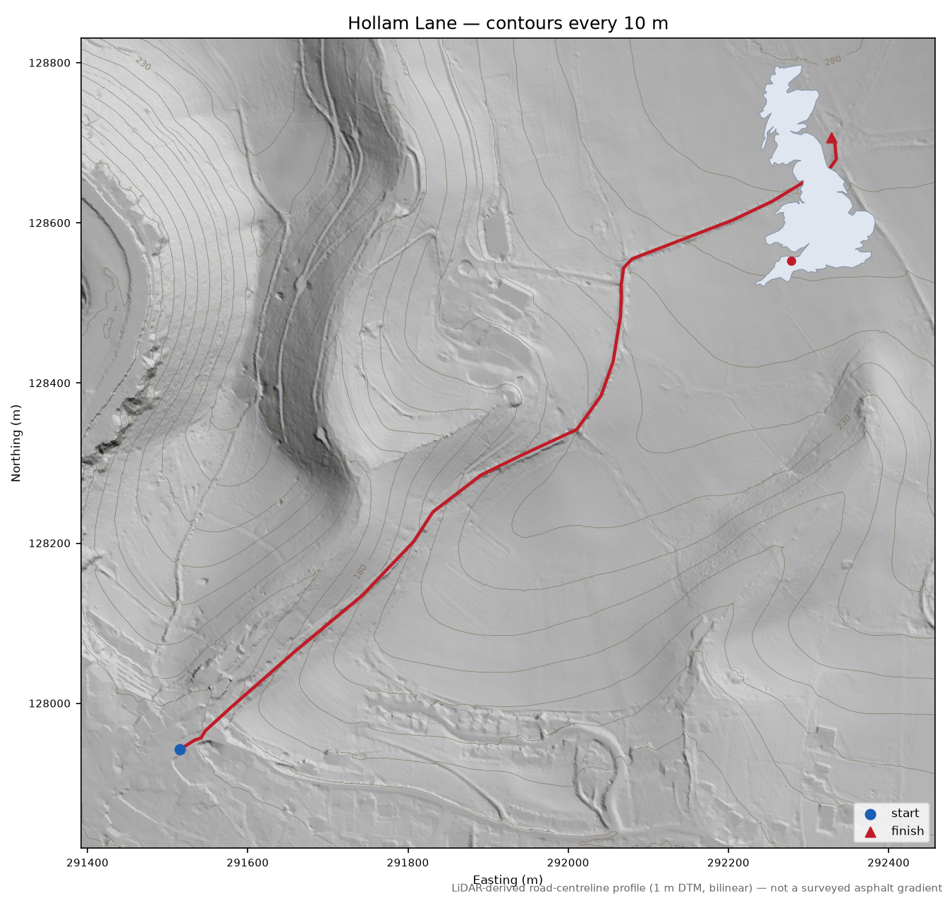 Hollam Lane LiDAR hillshade map with contours