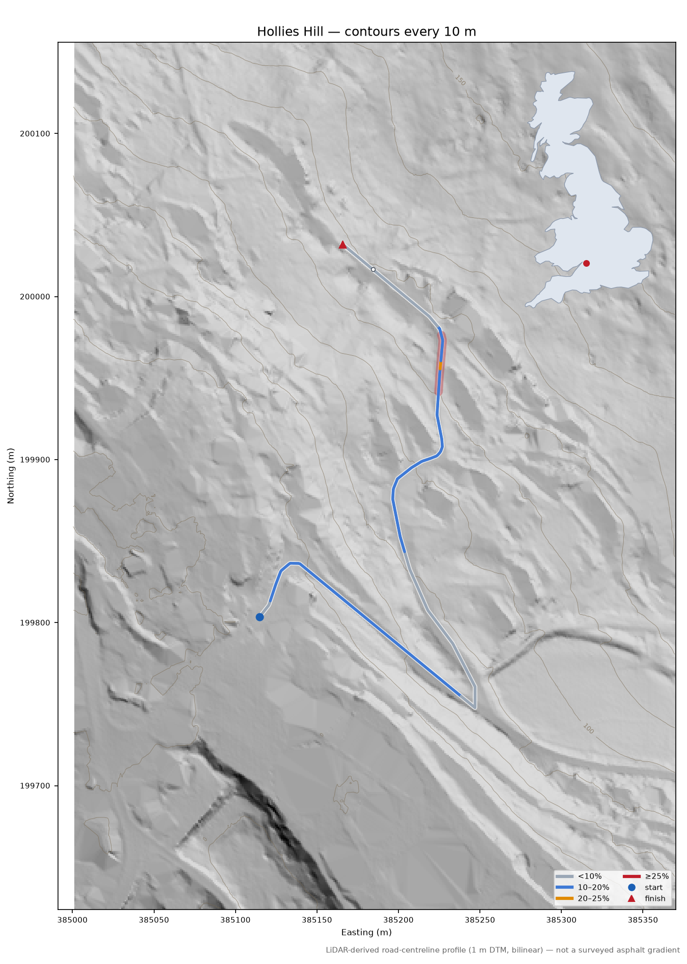 Hollies Hill LiDAR hillshade map with contours