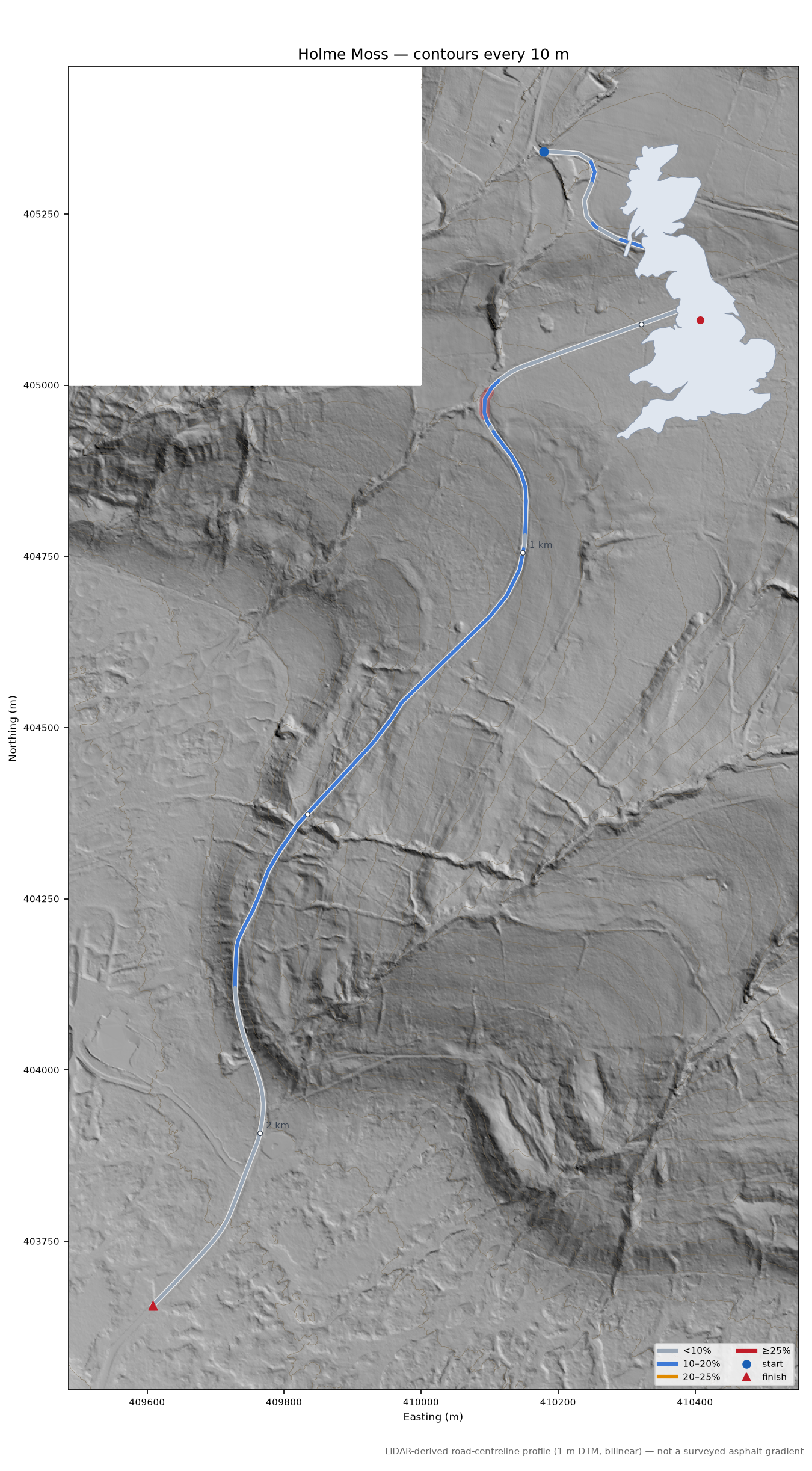 Holme Moss LiDAR hillshade map with contours