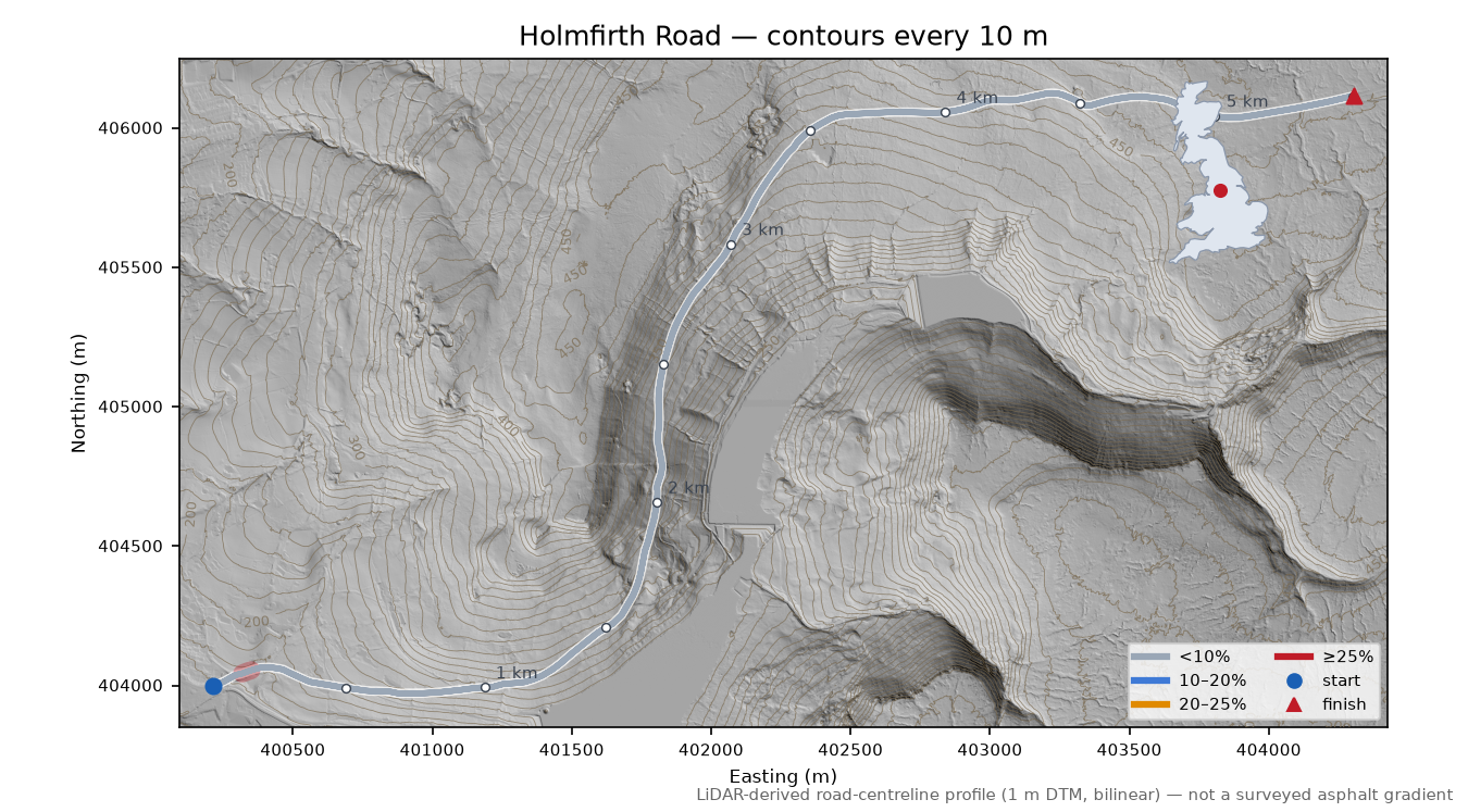 Holmfirth Road LiDAR hillshade map with contours
