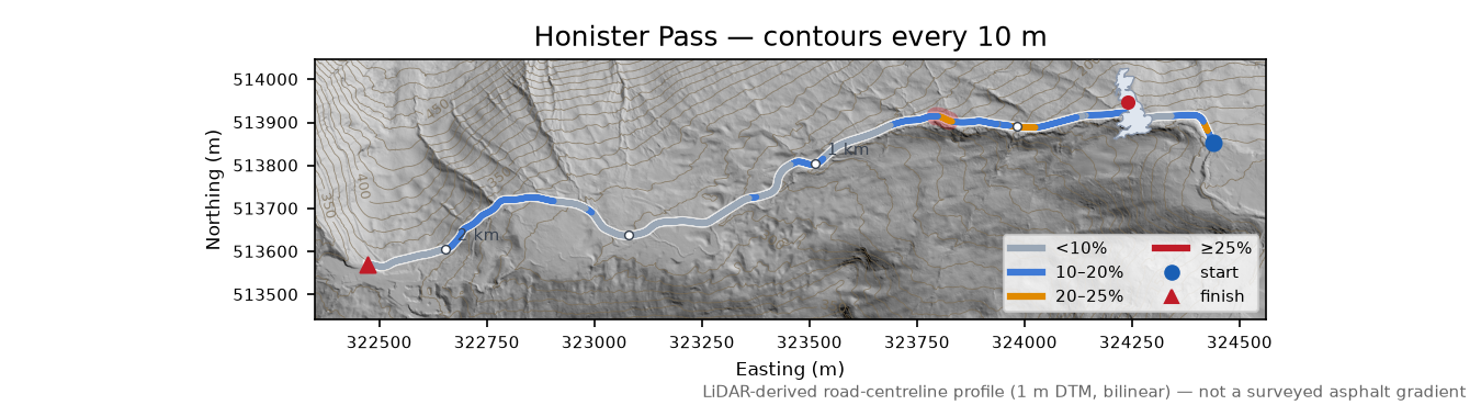 Honister Pass LiDAR hillshade map with contours