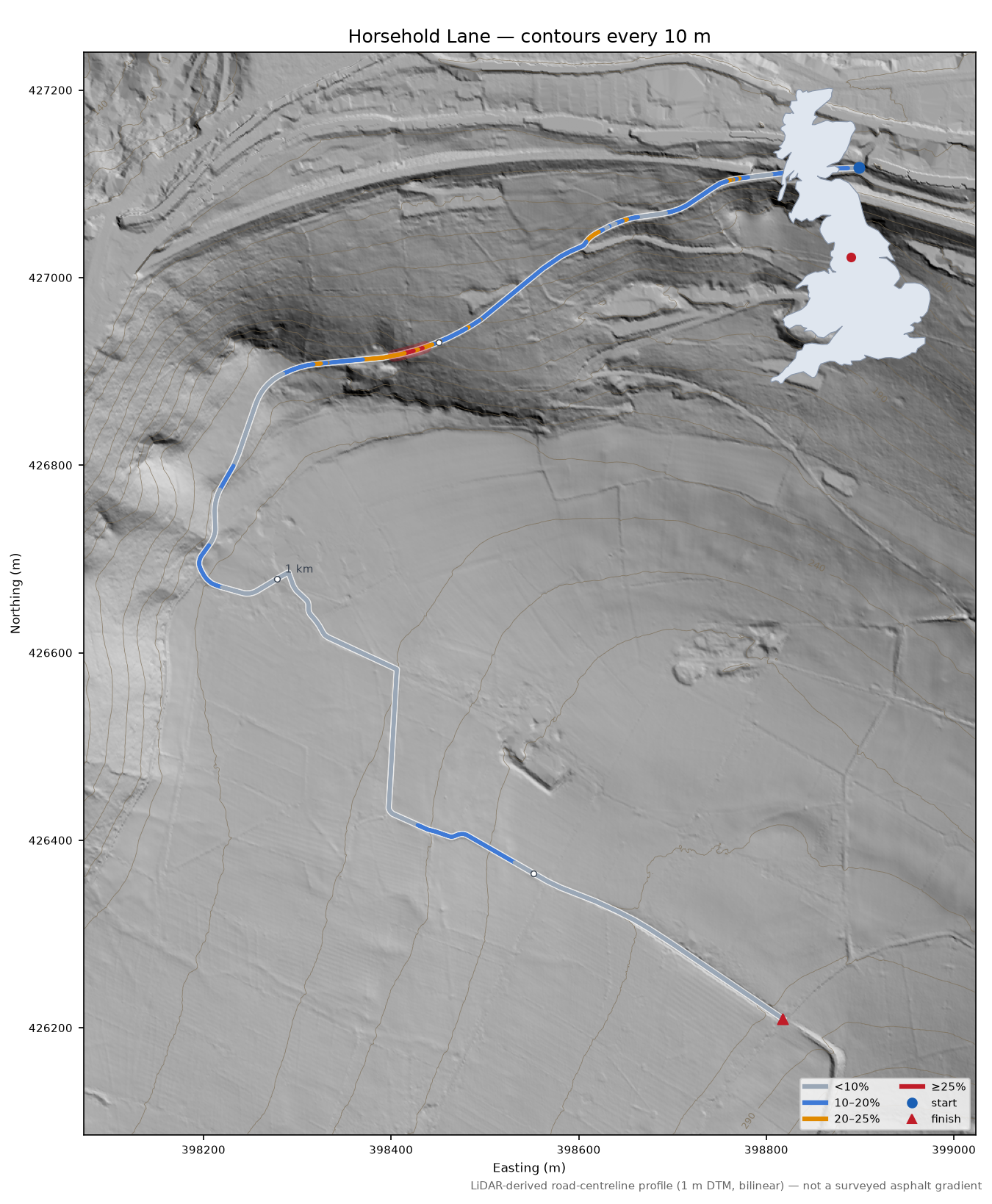 Horsehold Lane LiDAR hillshade map with contours