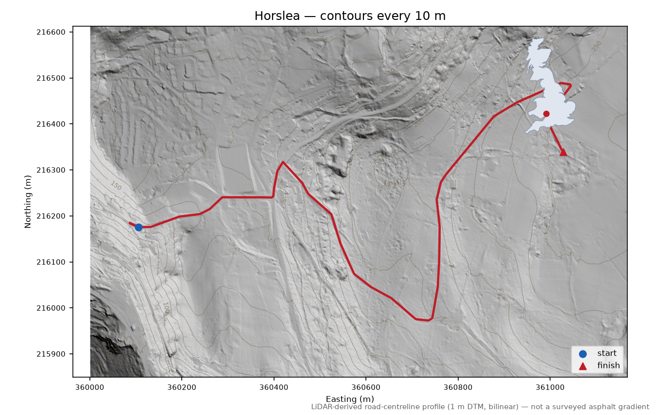 Horslea LiDAR hillshade map with contours