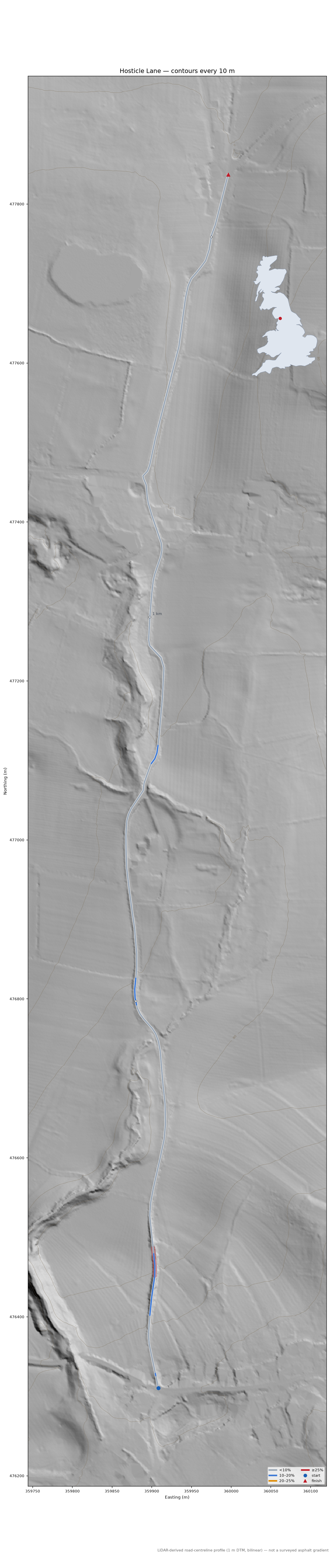 Hosticle Lane LiDAR hillshade map with contours