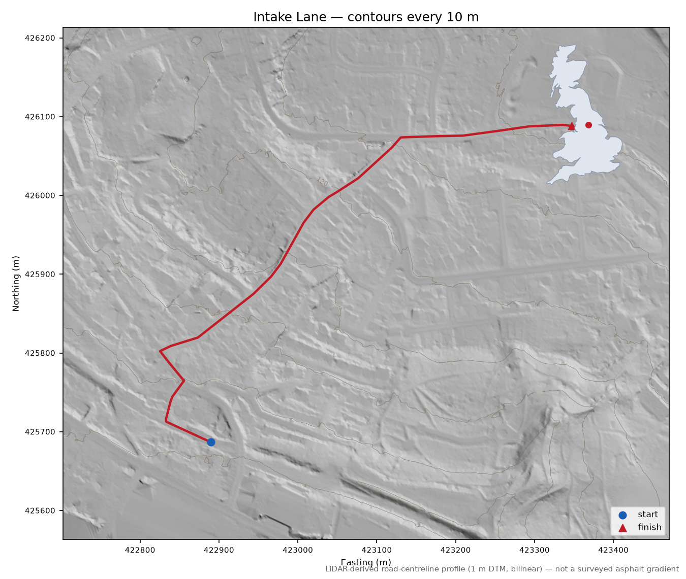 Intake Lane LiDAR hillshade map with contours