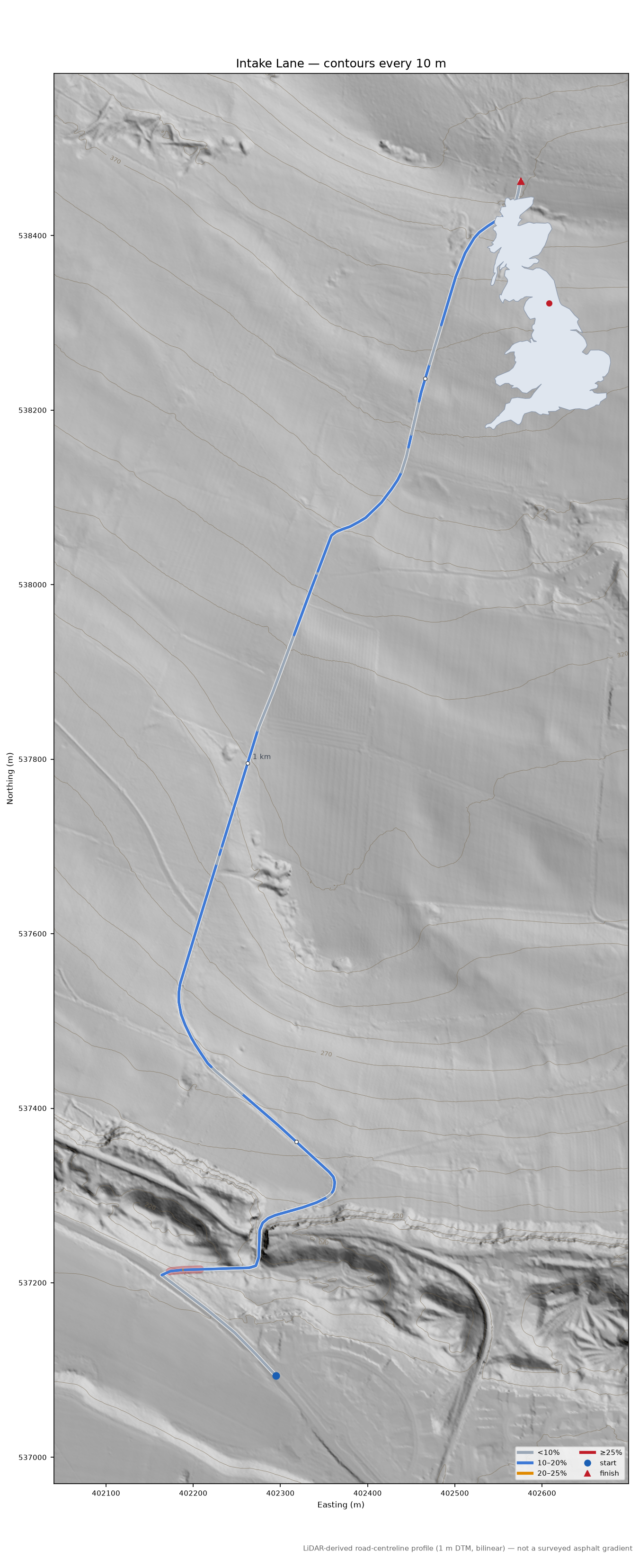 Intake Lane LiDAR hillshade map with contours
