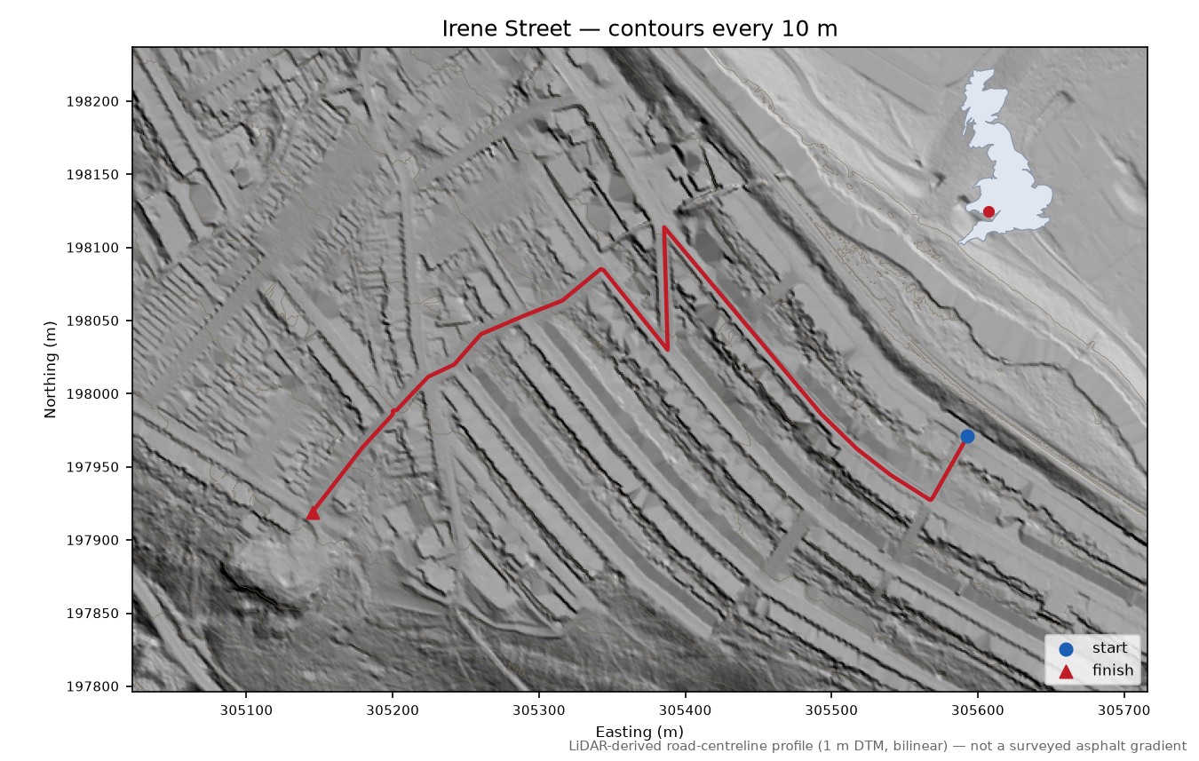 Irene Street LiDAR hillshade map with contours