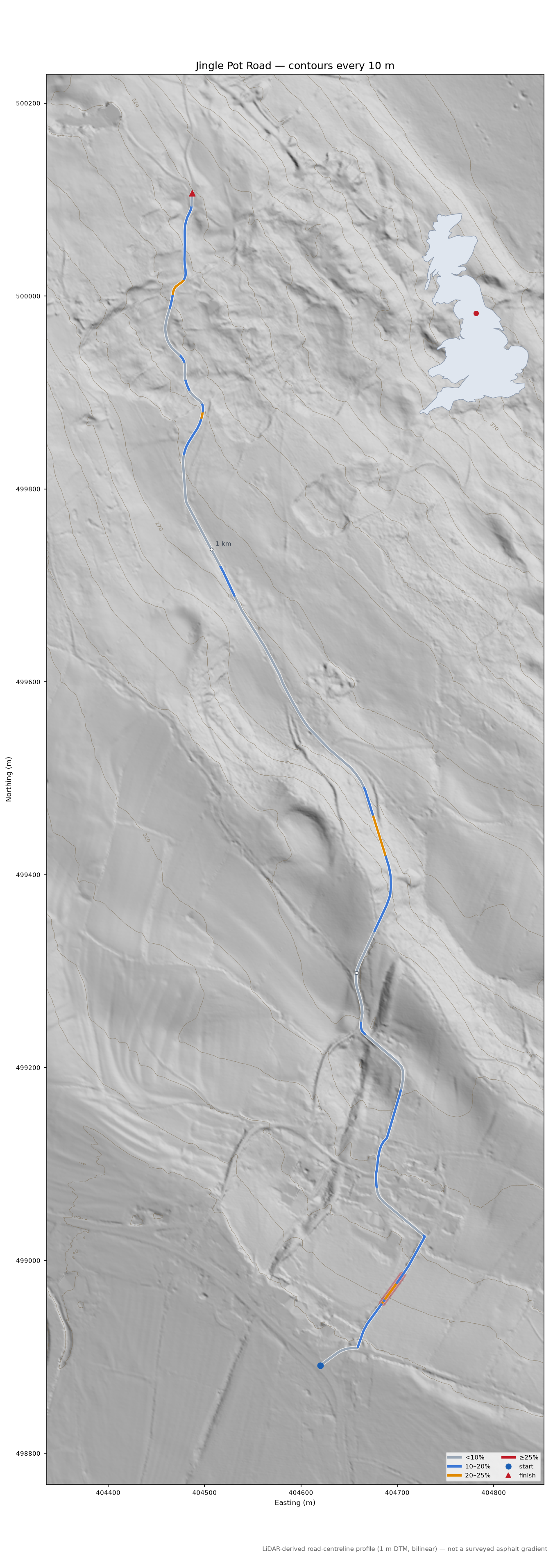 Jingle Pot Road LiDAR hillshade map with contours