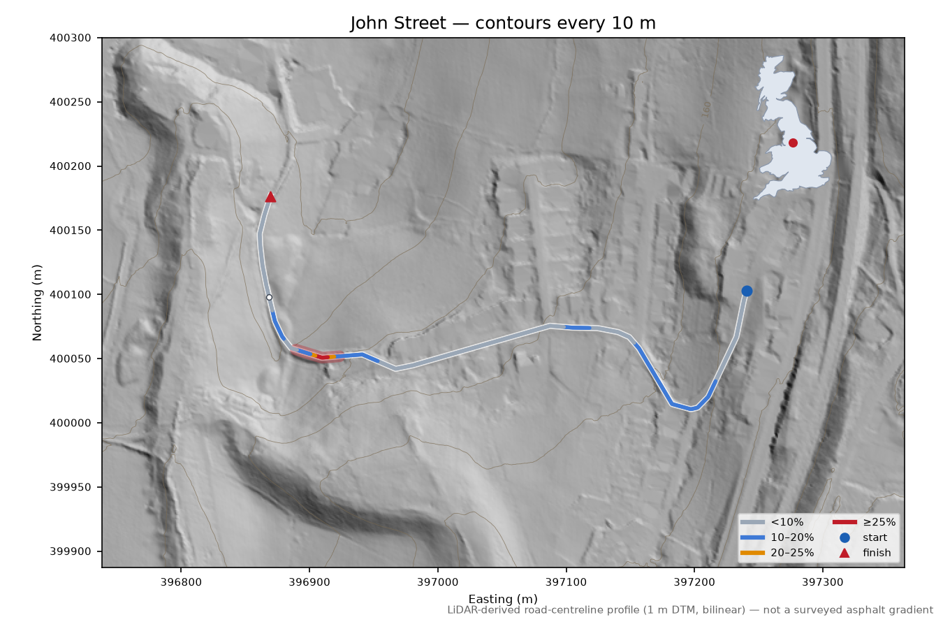 John Street LiDAR hillshade map with contours