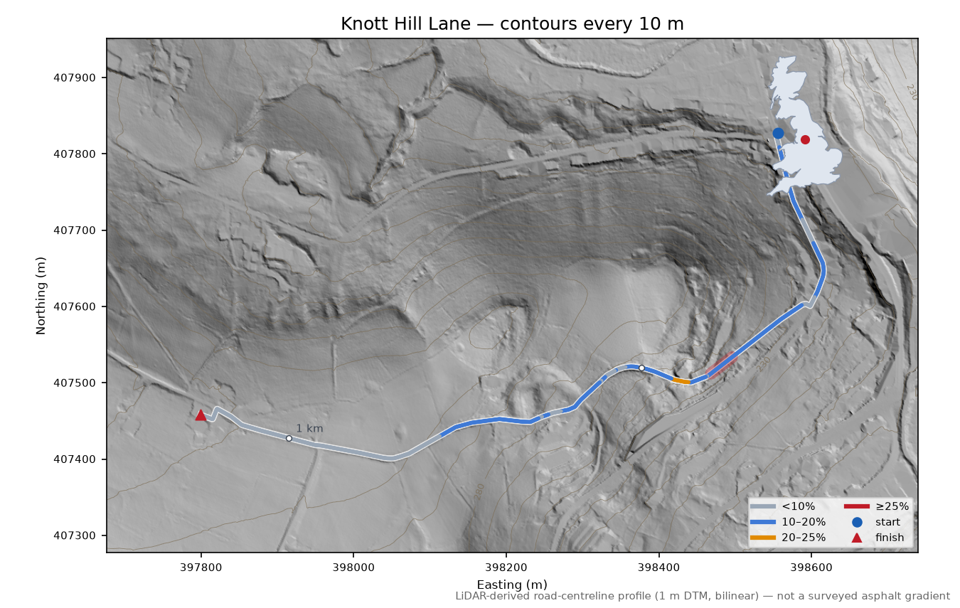 Knott Hill Lane LiDAR hillshade map with contours