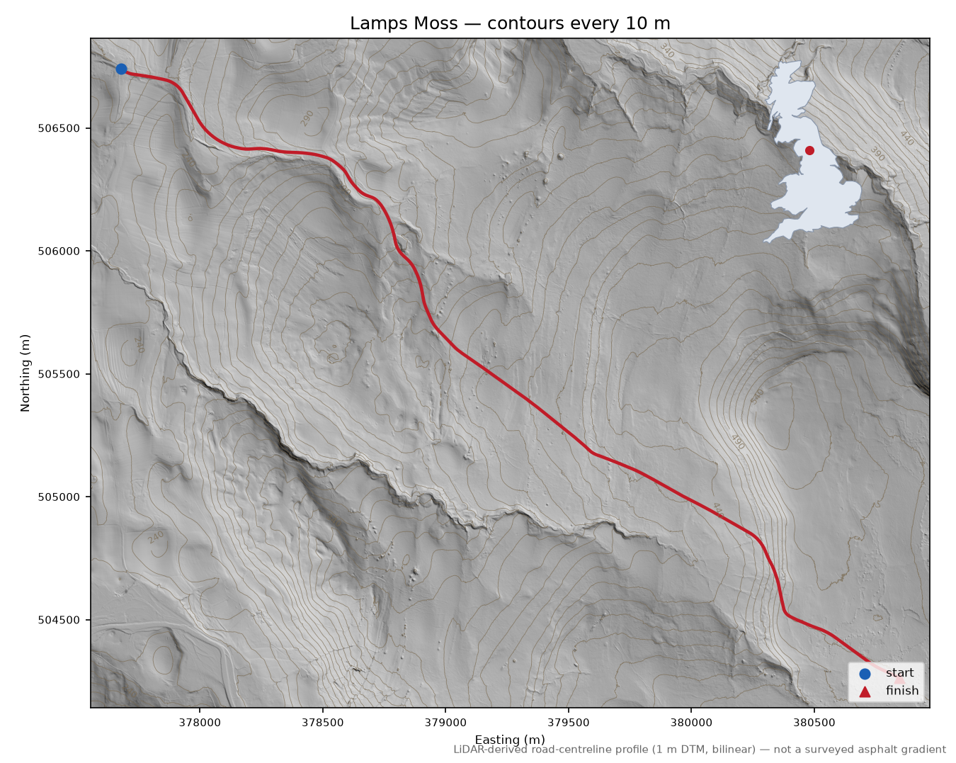 Lamps Moss LiDAR hillshade map with contours