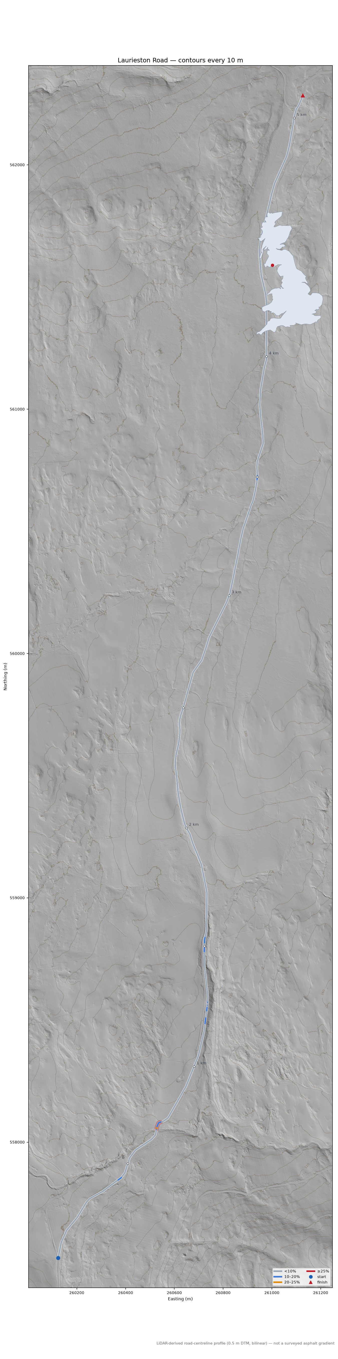 Laurieston Road LiDAR hillshade map with contours