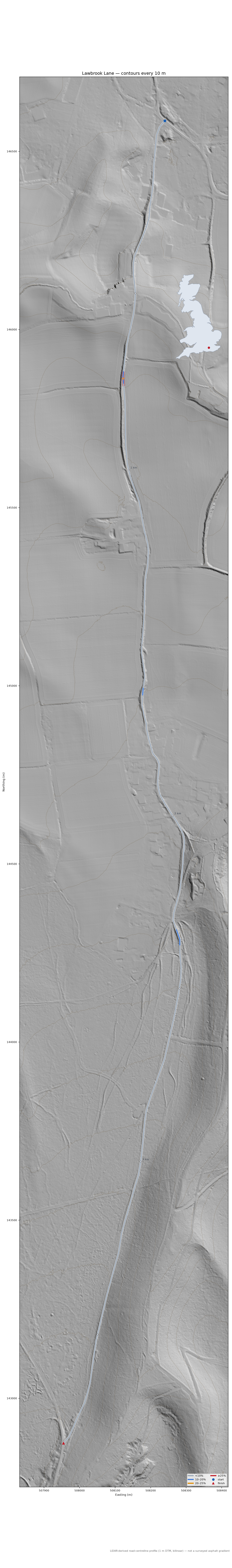 Lawbrook Lane LiDAR hillshade map with contours