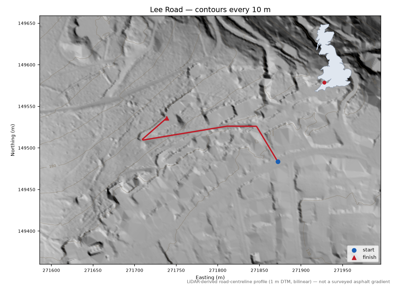 Lee Road LiDAR hillshade map with contours