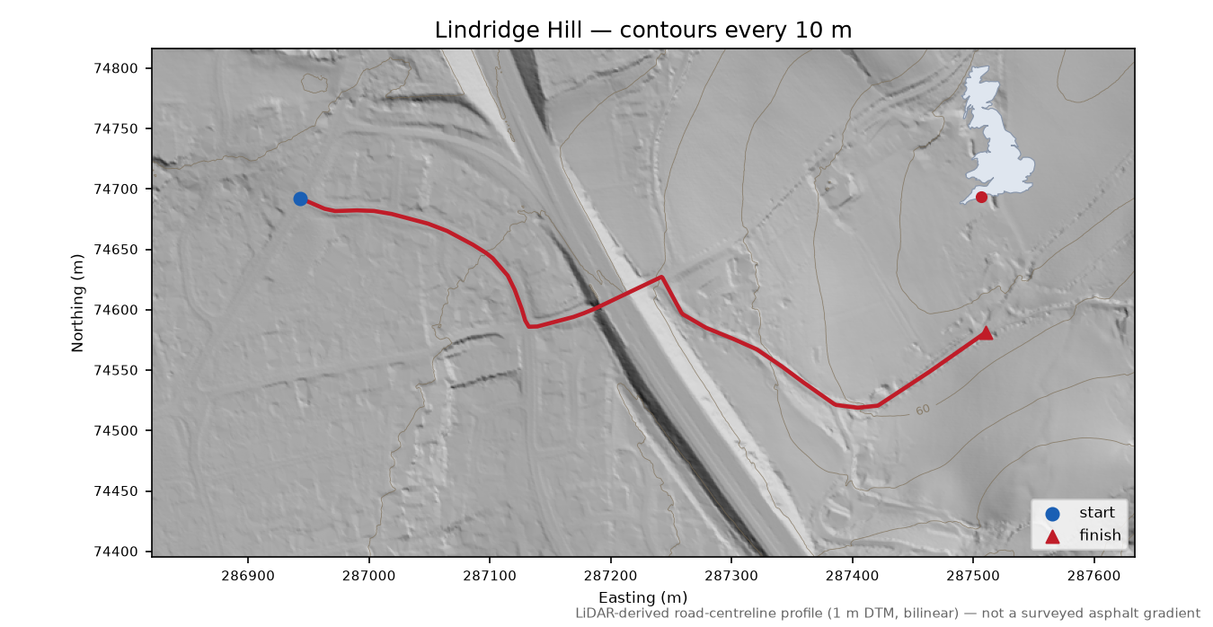 Lindridge Hill LiDAR hillshade map with contours