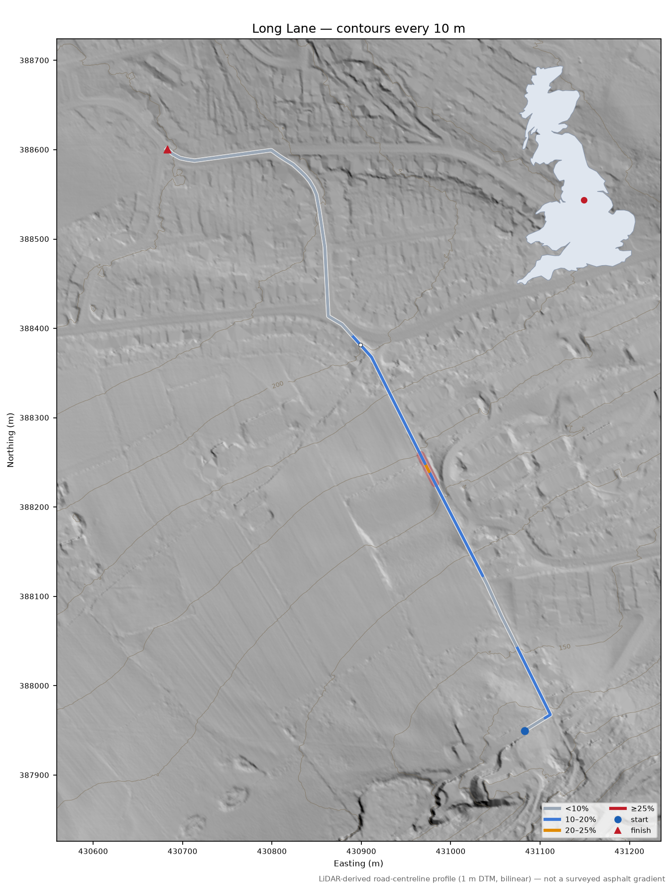 Long Lane LiDAR hillshade map with contours
