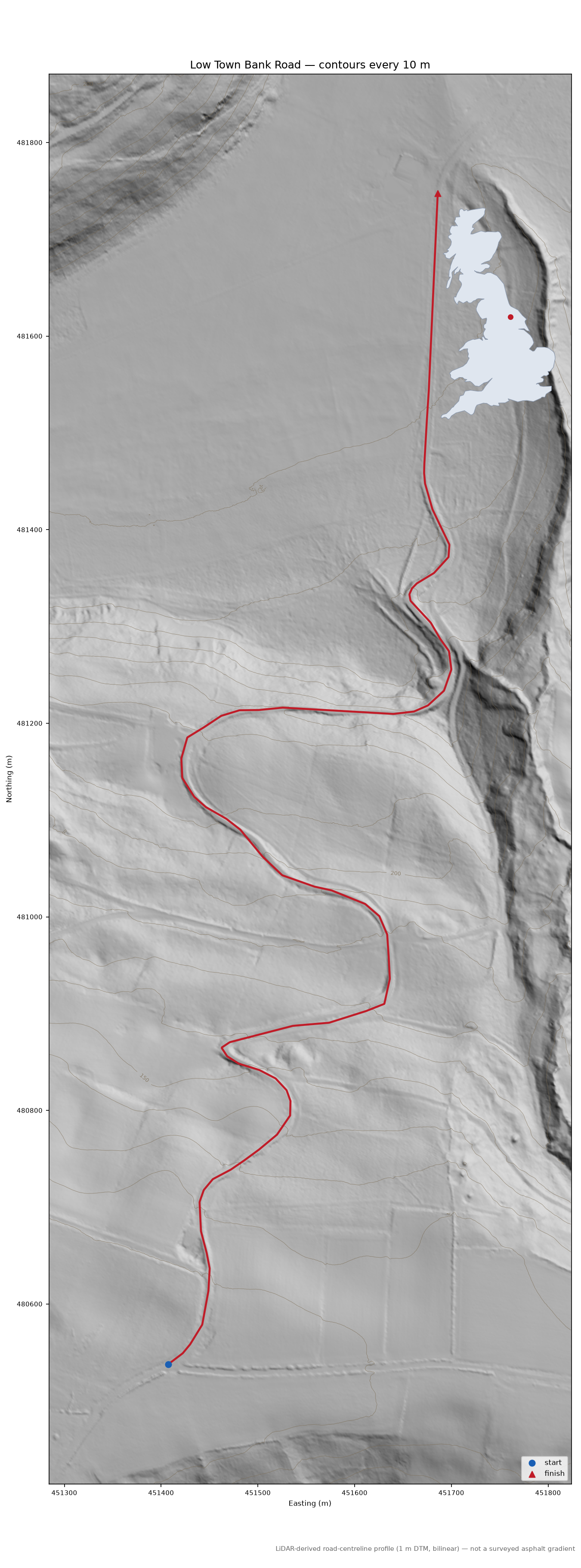 Low Town Bank Road LiDAR hillshade map with contours