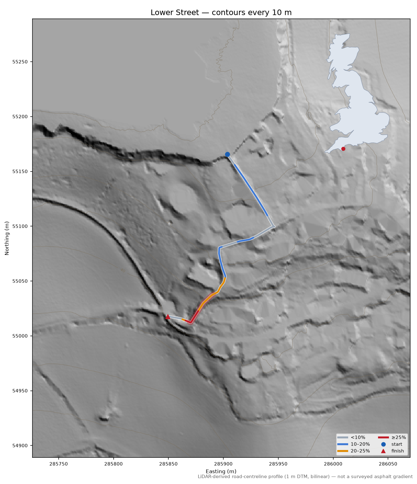 Lower Street LiDAR hillshade map with contours