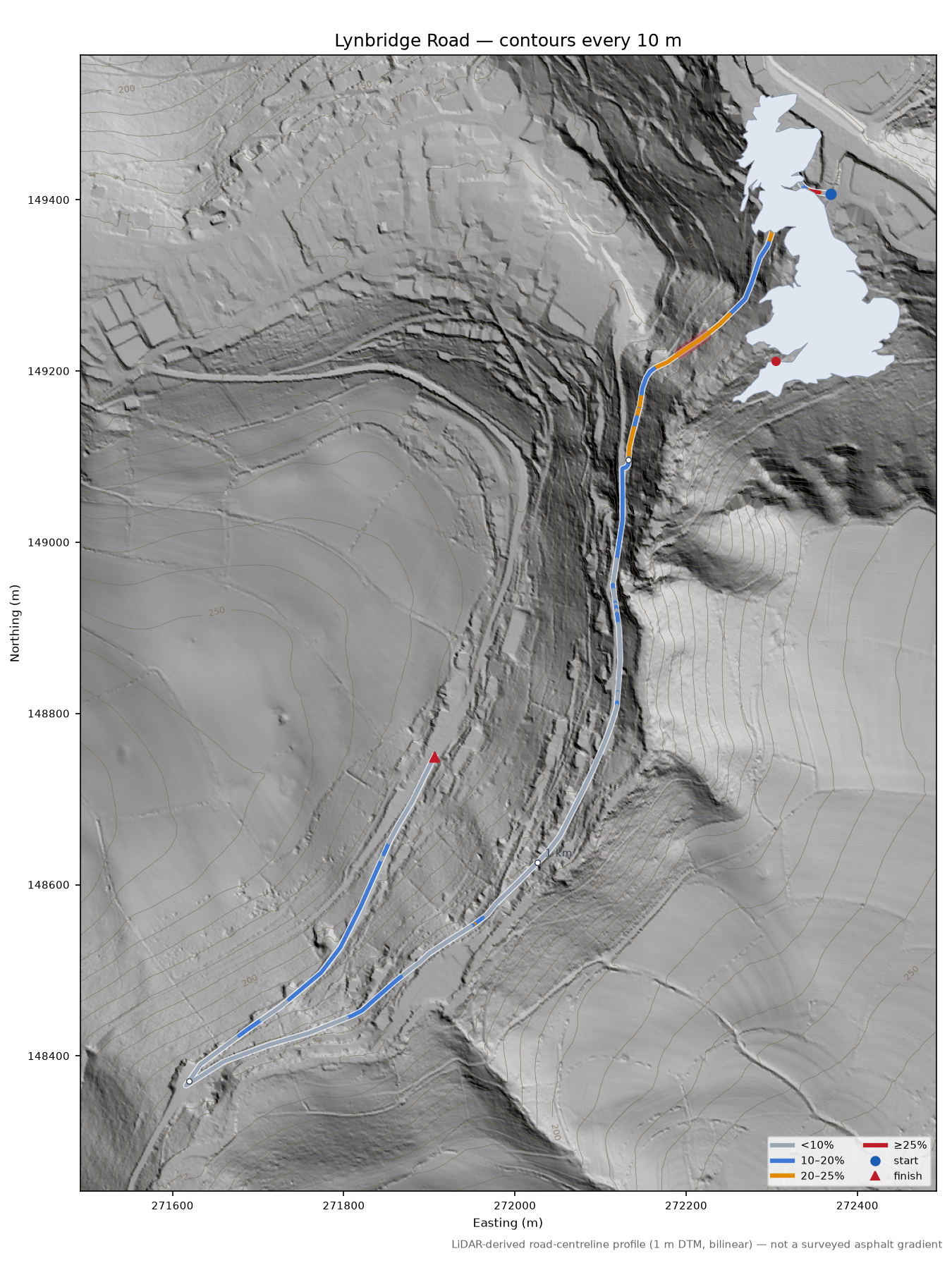 Lynbridge Road LiDAR hillshade map with contours