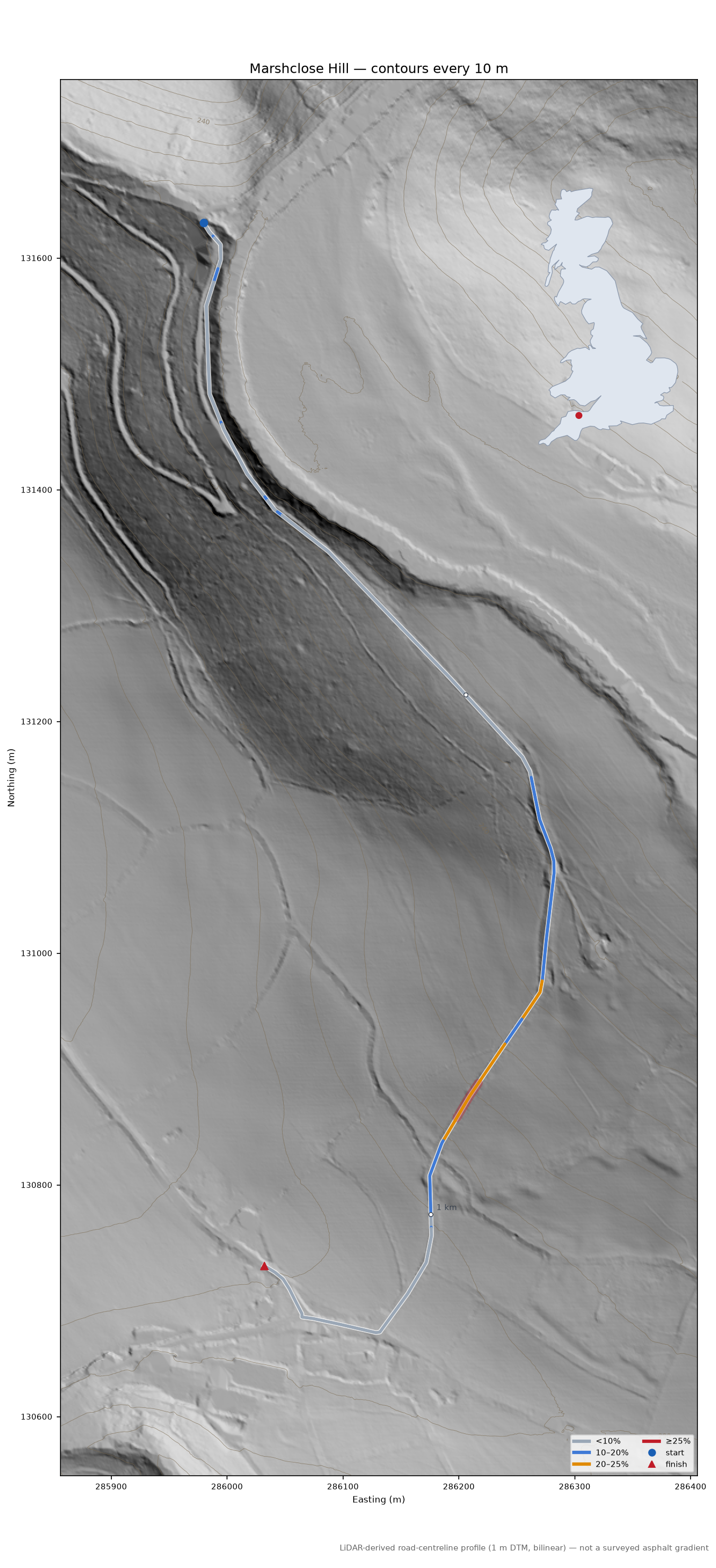 Marshclose Hill LiDAR hillshade map with contours
