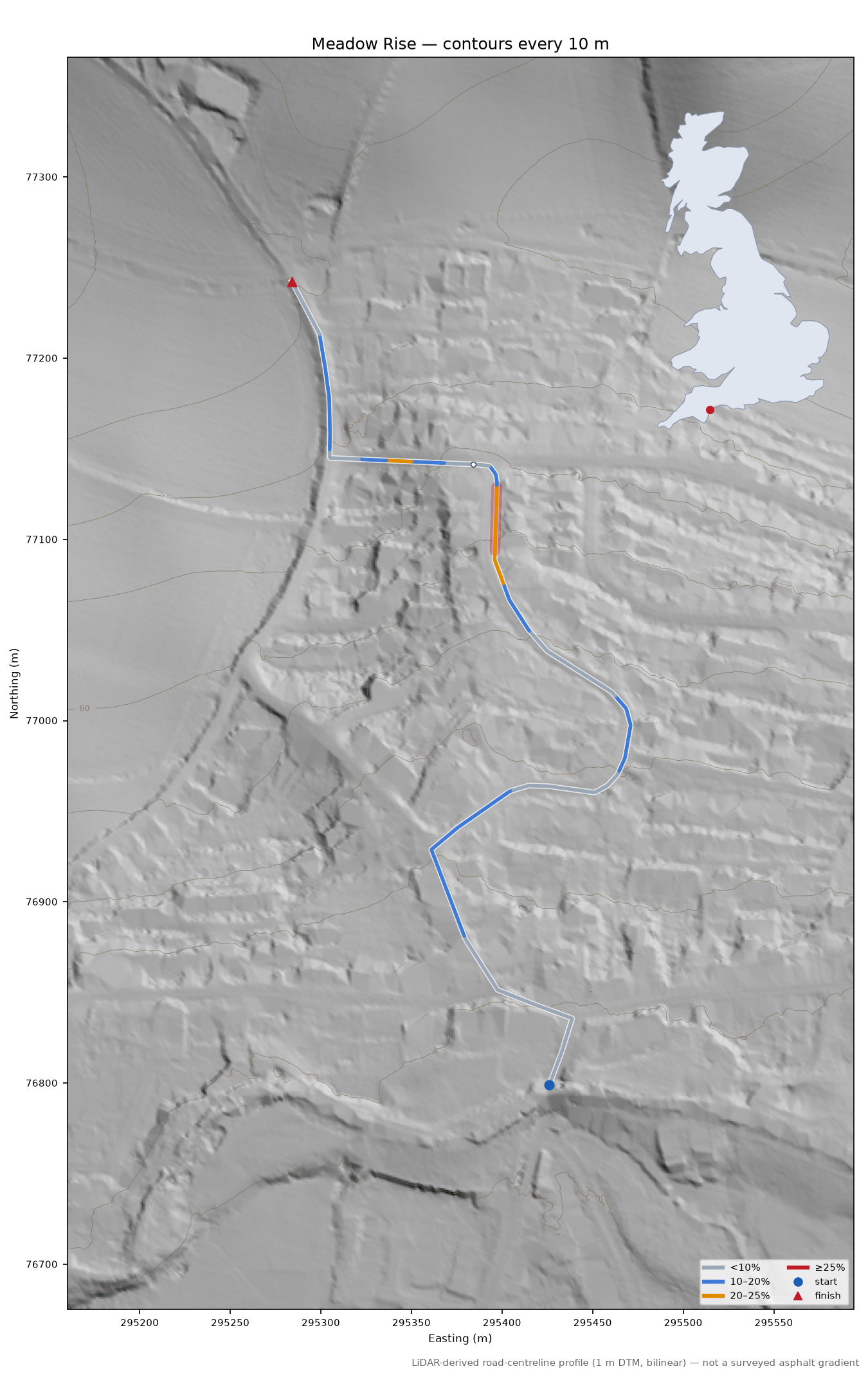 Meadow Rise LiDAR hillshade map with contours