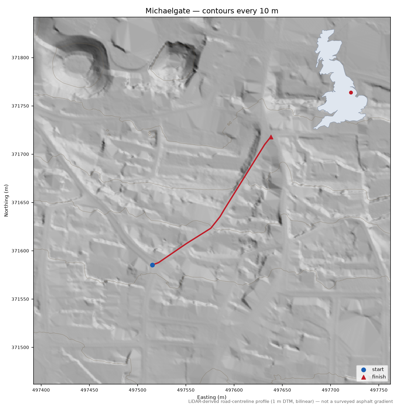 Michaelgate LiDAR hillshade map with contours