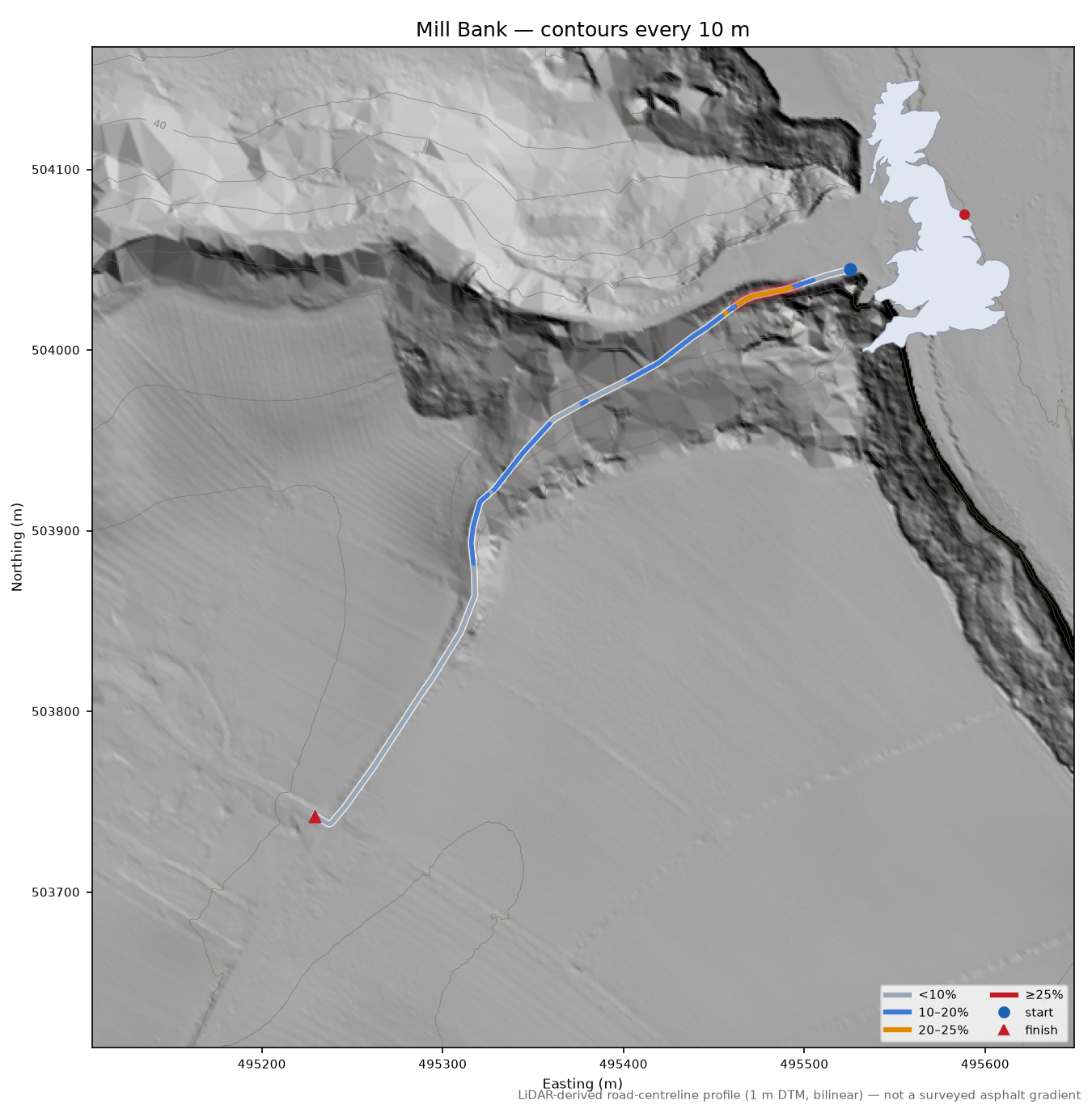 Mill Bank LiDAR hillshade map with contours