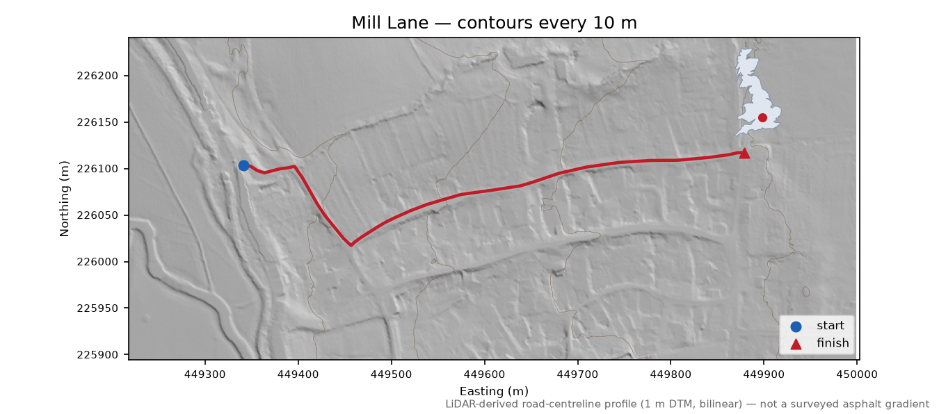 Mill Lane LiDAR hillshade map with contours